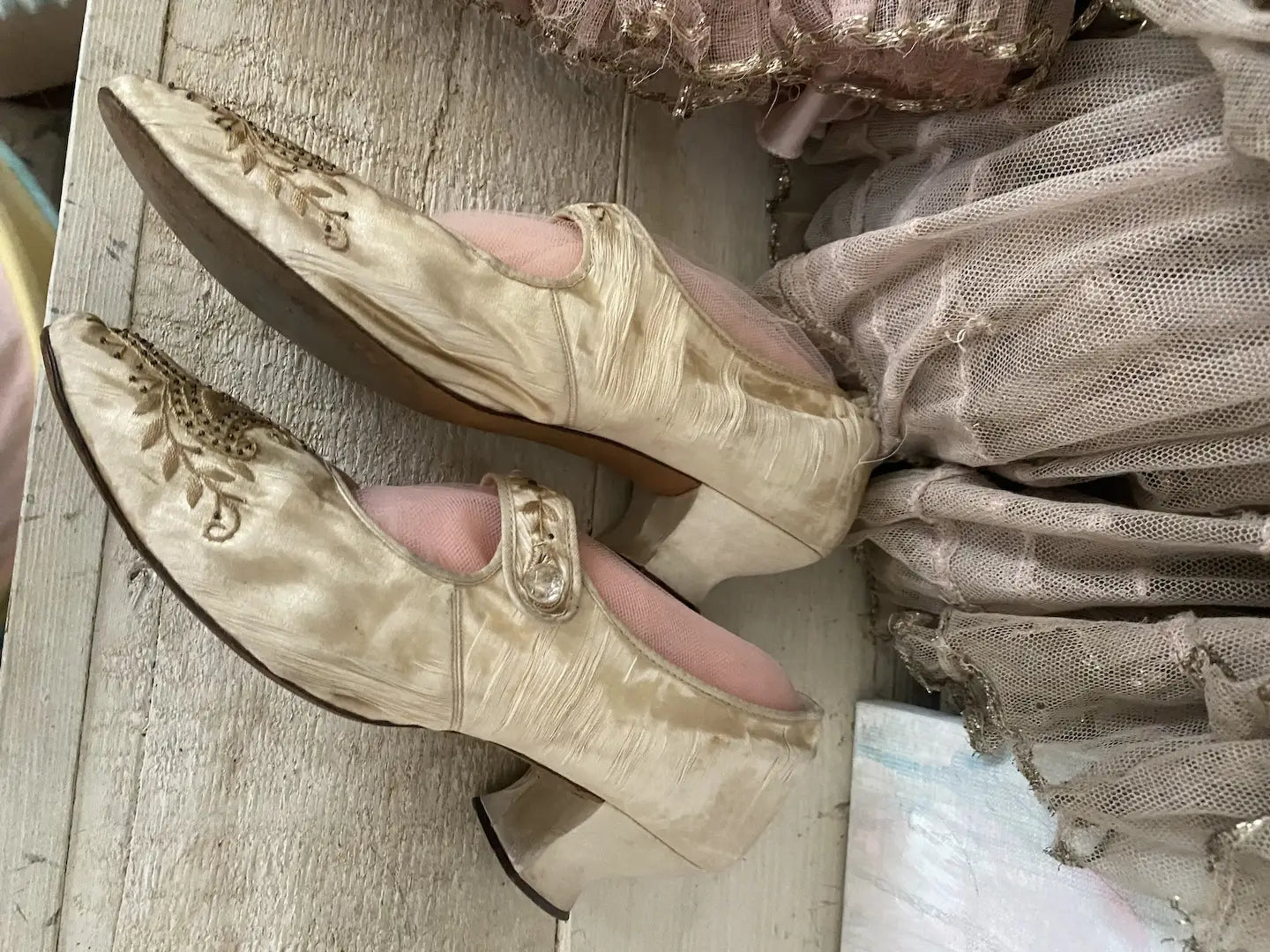 Antique Beaded Silk Bridal Shoes Glass Buttons