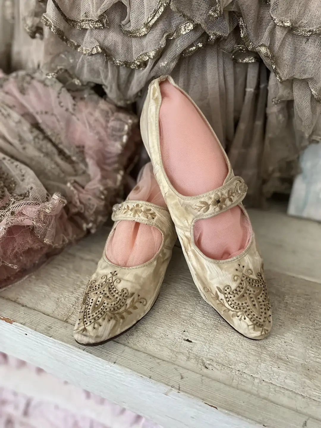 Antique Beaded Silk Bridal Shoes Glass Buttons