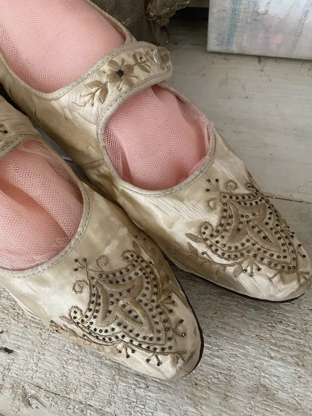 Antique Beaded Silk Bridal Shoes Glass Buttons