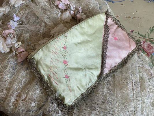 Antique Pink Silk Hankie Holder Metallic Lace Trim