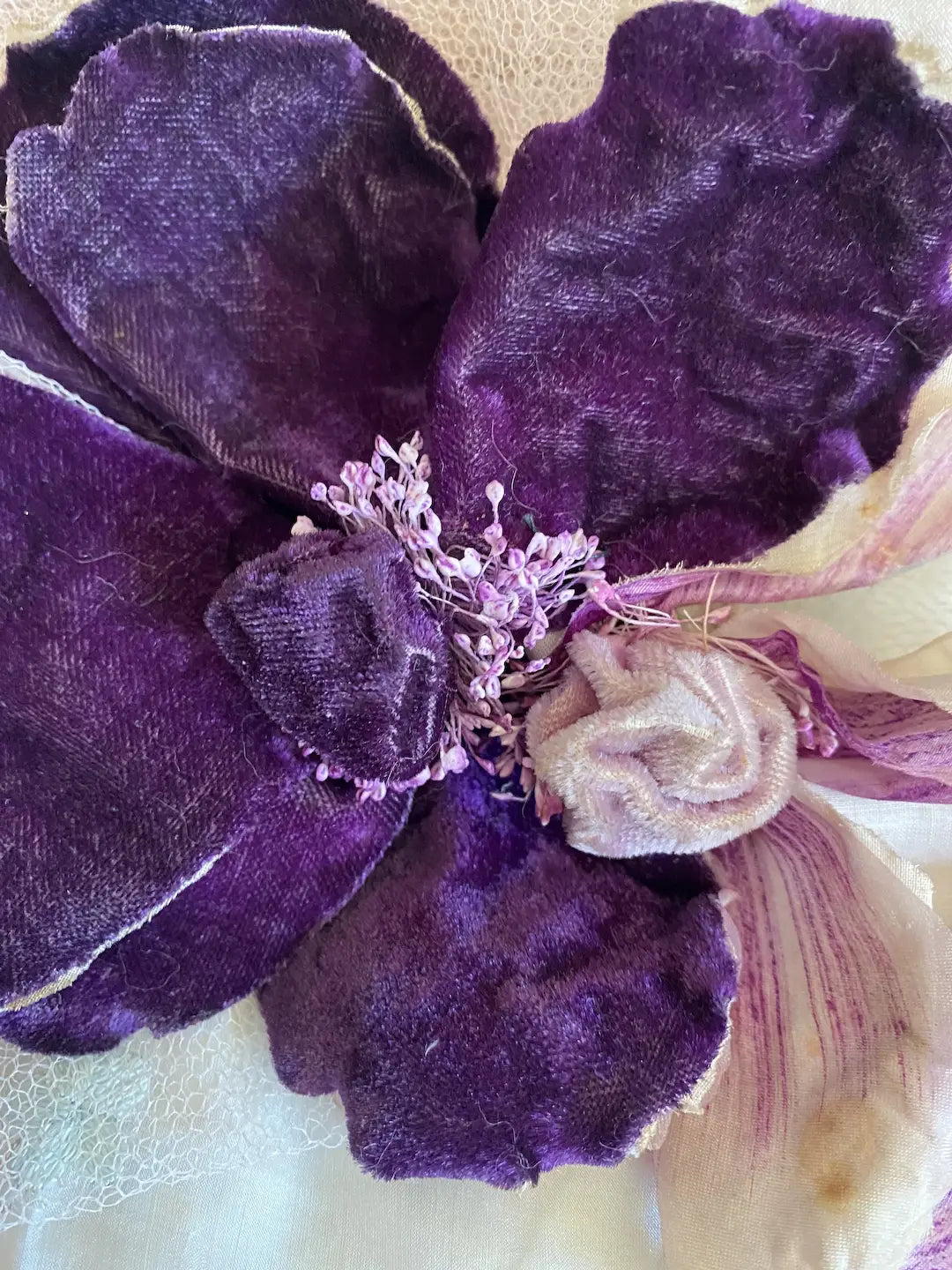 Antique 1910-20 Purple Velvet Painted Millinery Flower Orchid