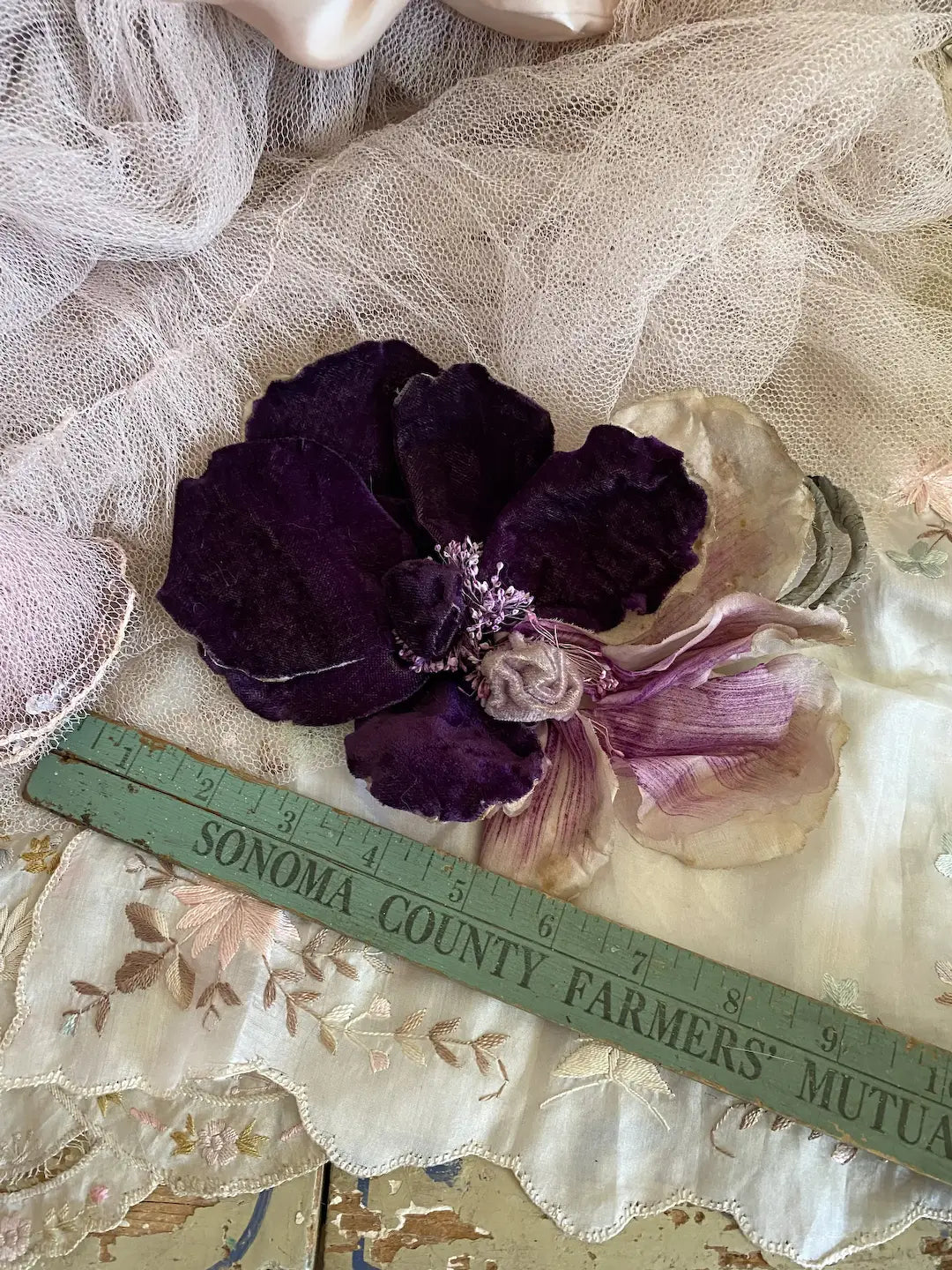 Antique 1910-20 Purple Velvet Painted Millinery Flower Orchid