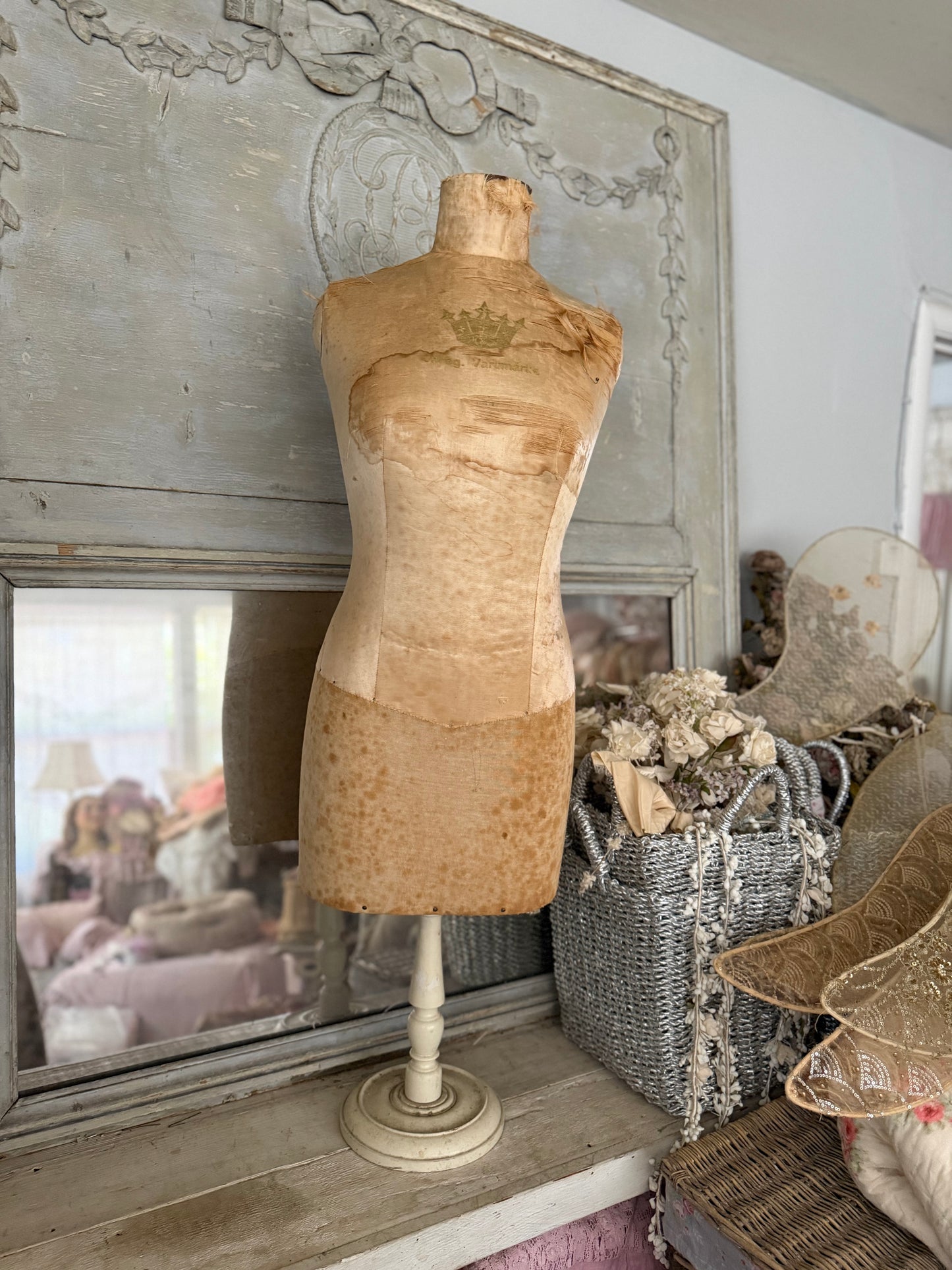 Antique Tabletop Mannequin Silk Crown Corset