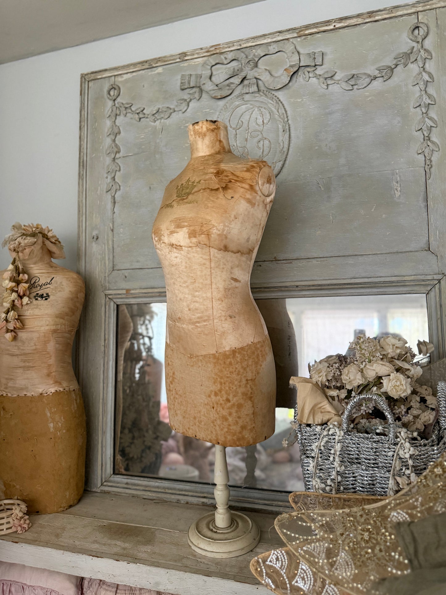 Antique Tabletop Mannequin Silk Crown Corset