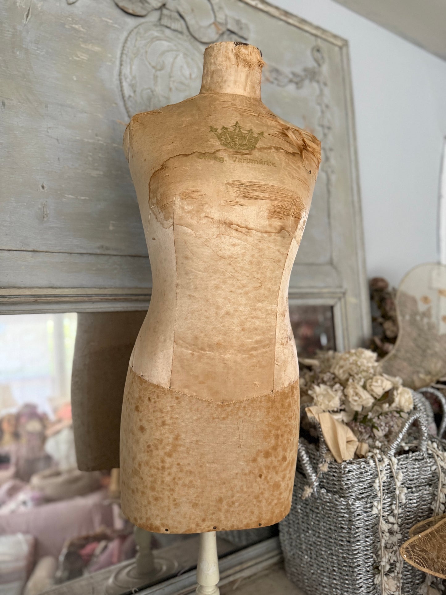 Antique Tabletop Mannequin Silk Crown Corset