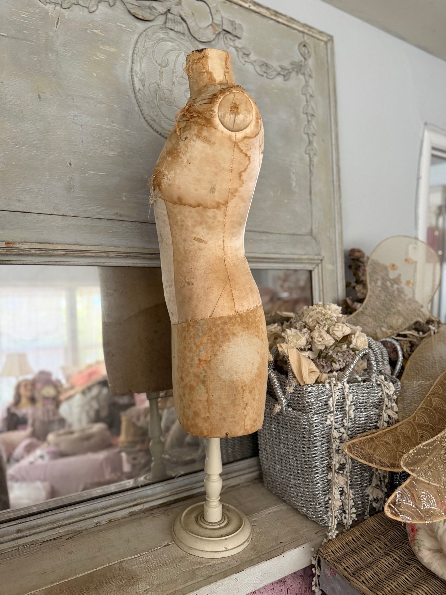Antique Tabletop Mannequin Silk Crown Corset