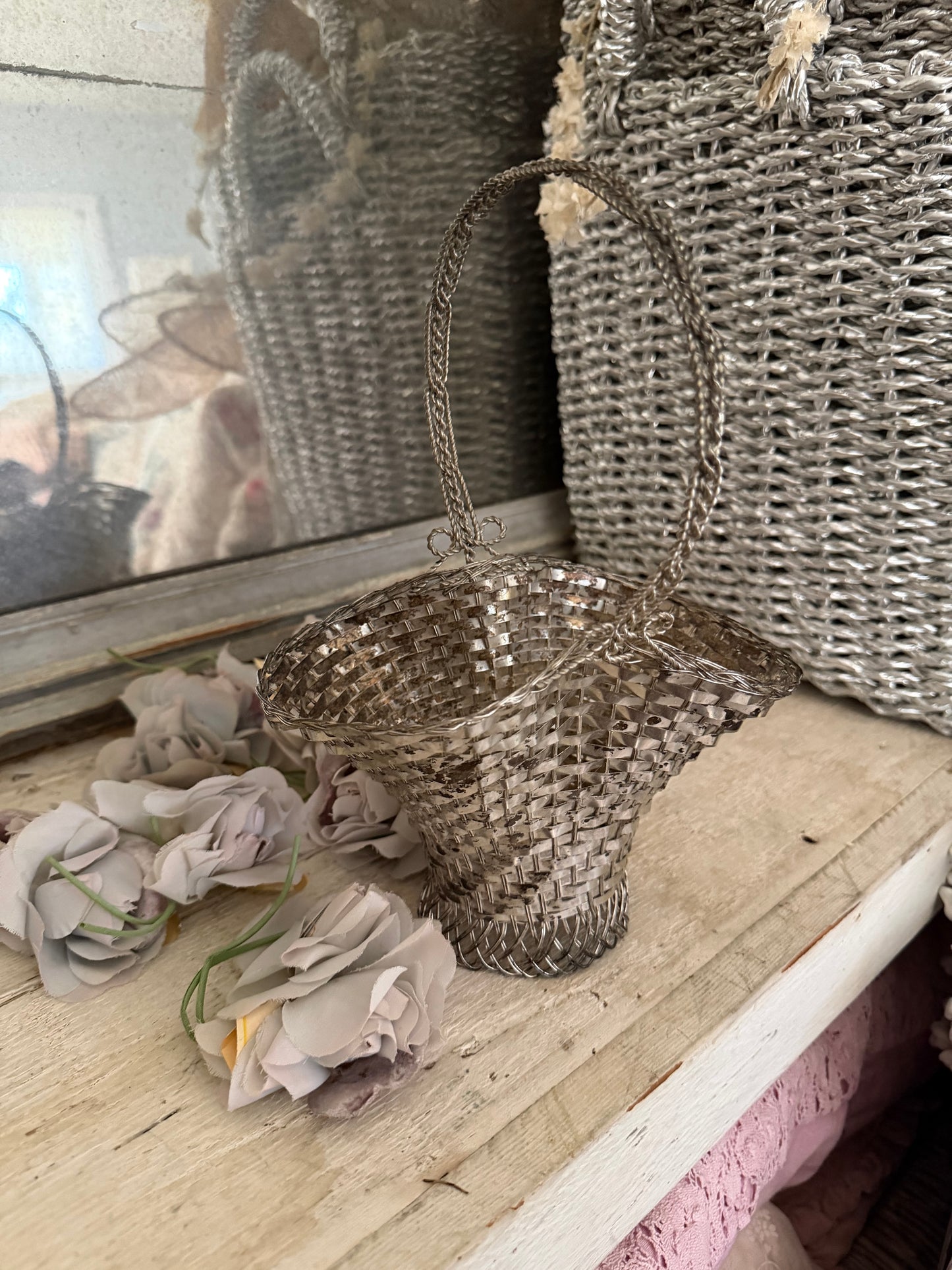 Vintage French Silver Woven Basket