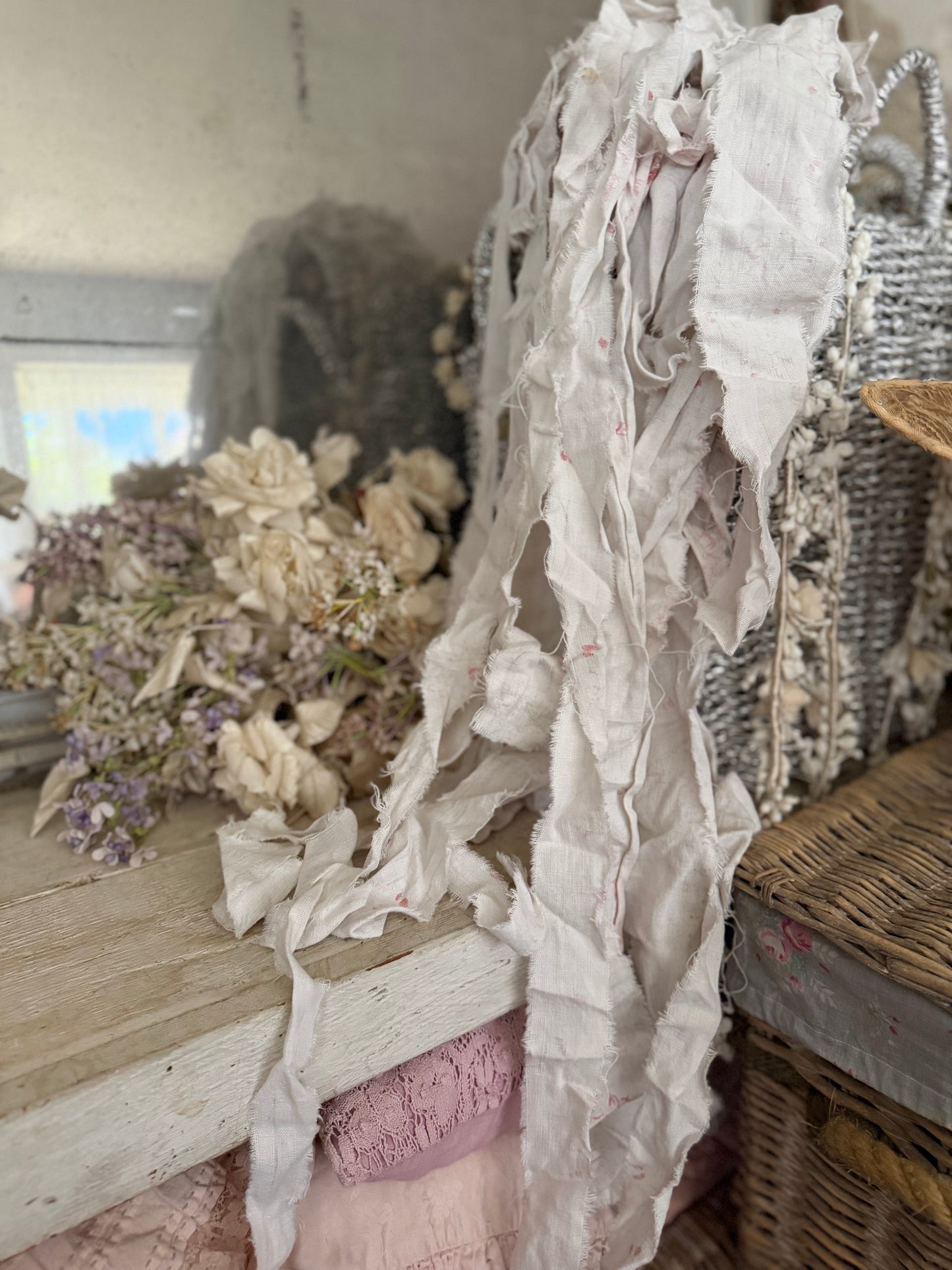Antique Hand Torn French Linen Fabric Ribbon