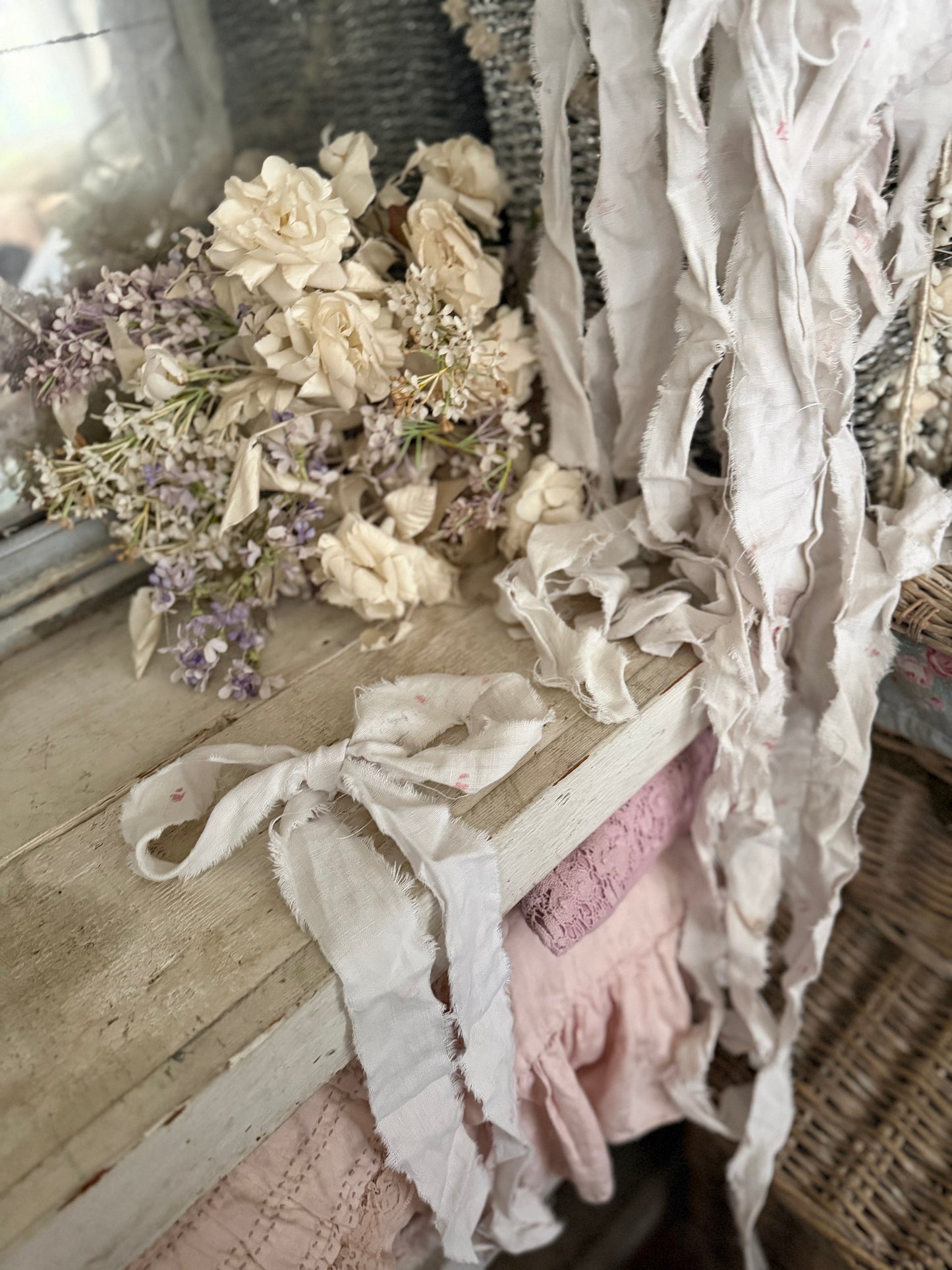 Antique Hand Torn French Linen Fabric Ribbon