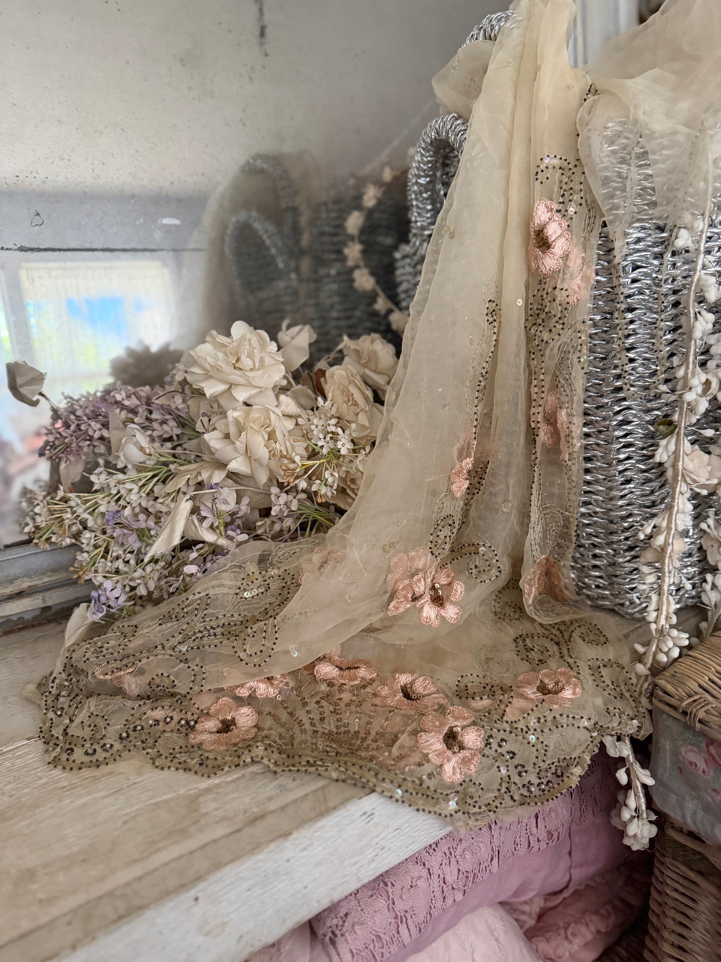 Antique French Silk Shawl Embroidered Roses Spangles Pearls