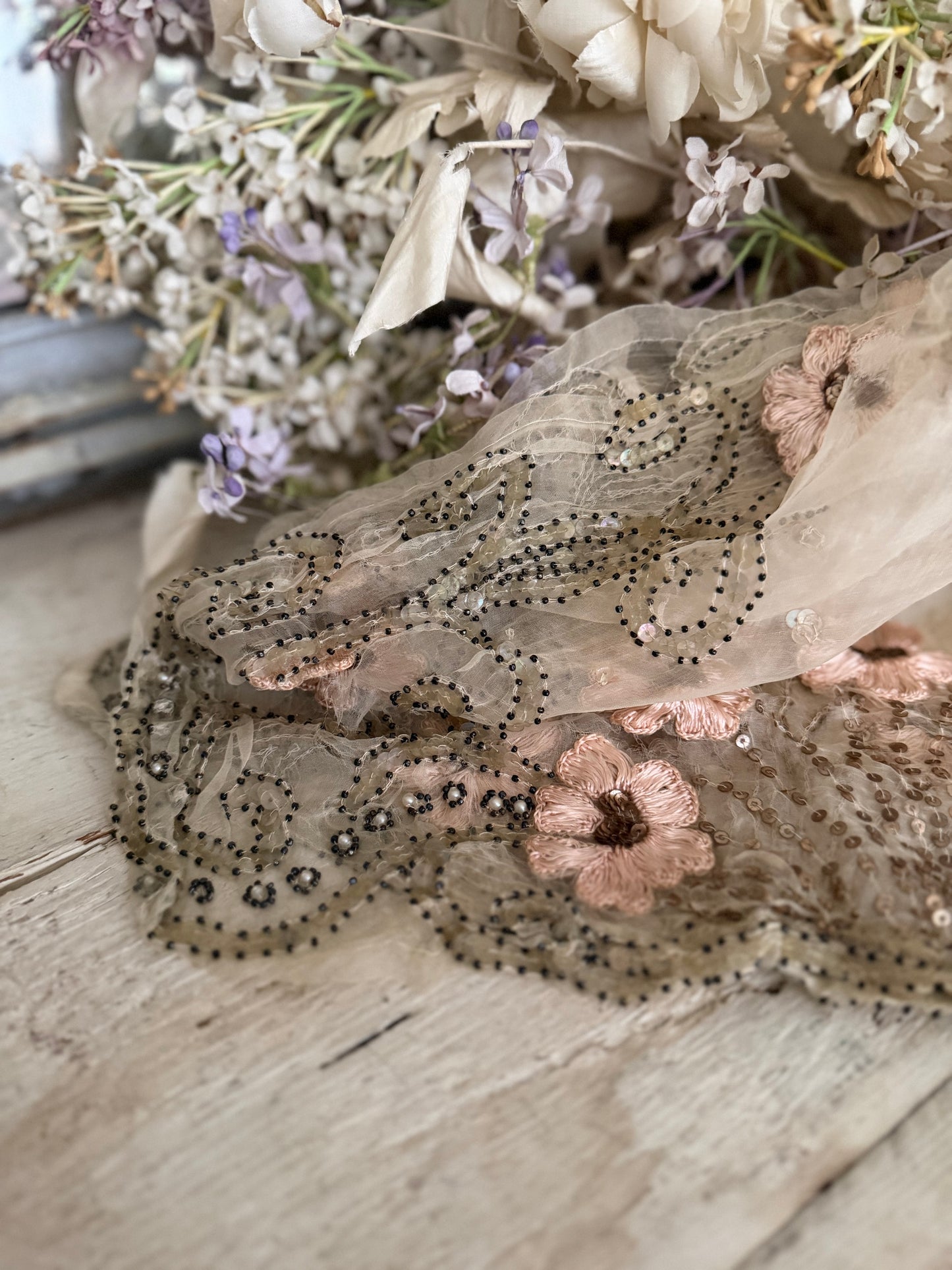 Antique French Silk Shawl Embroidered Roses Spangles Pearls