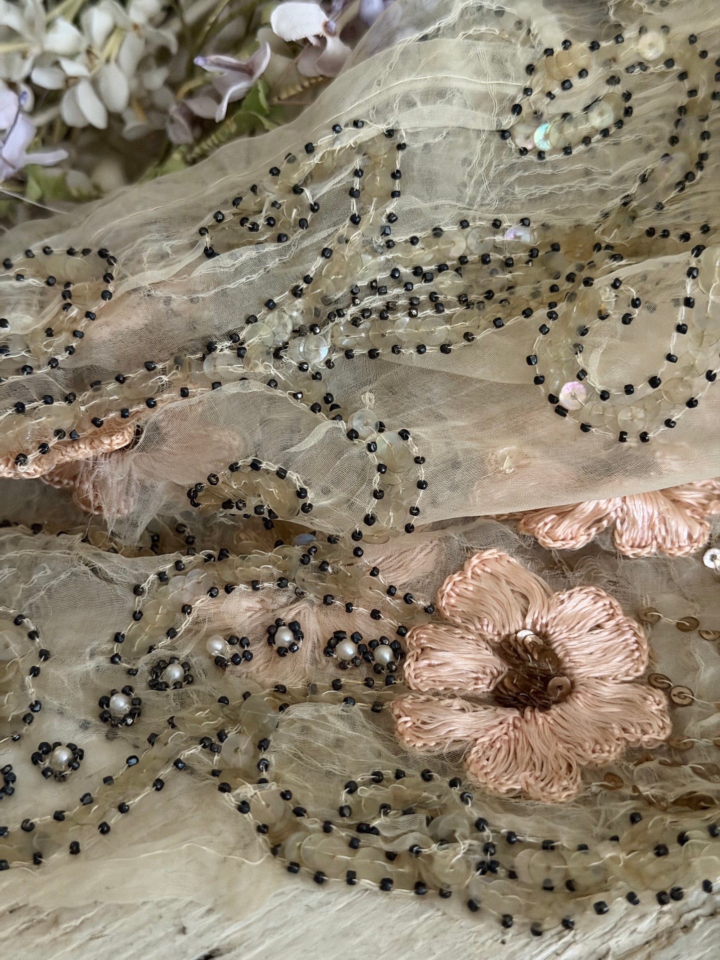 Antique French Silk Shawl Embroidered Roses Spangles Pearls