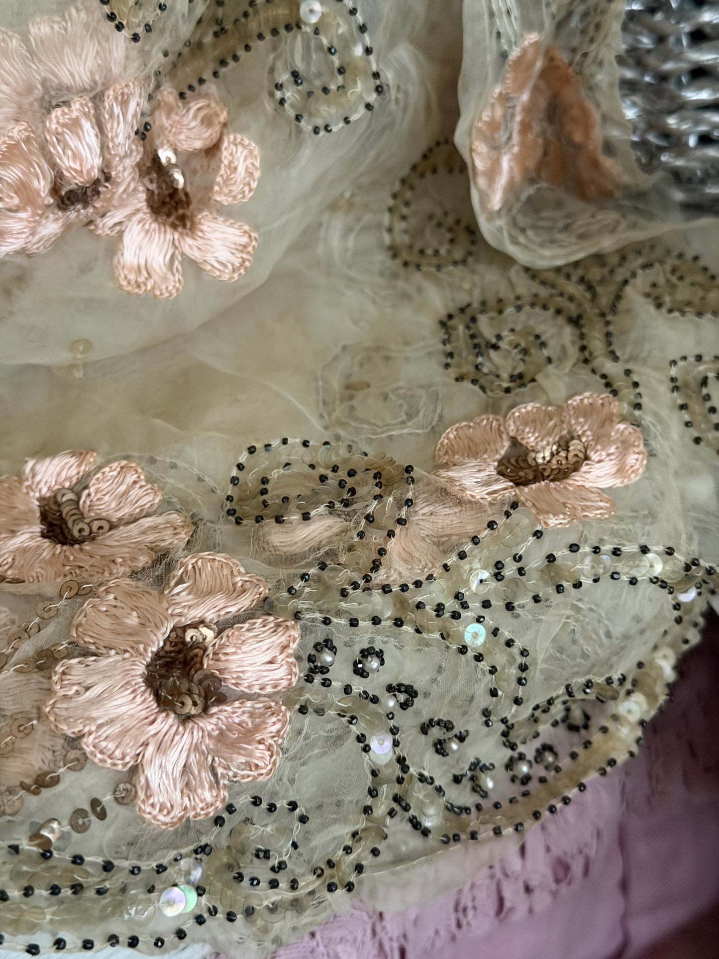 Antique French Silk Shawl Embroidered Roses Spangles Pearls