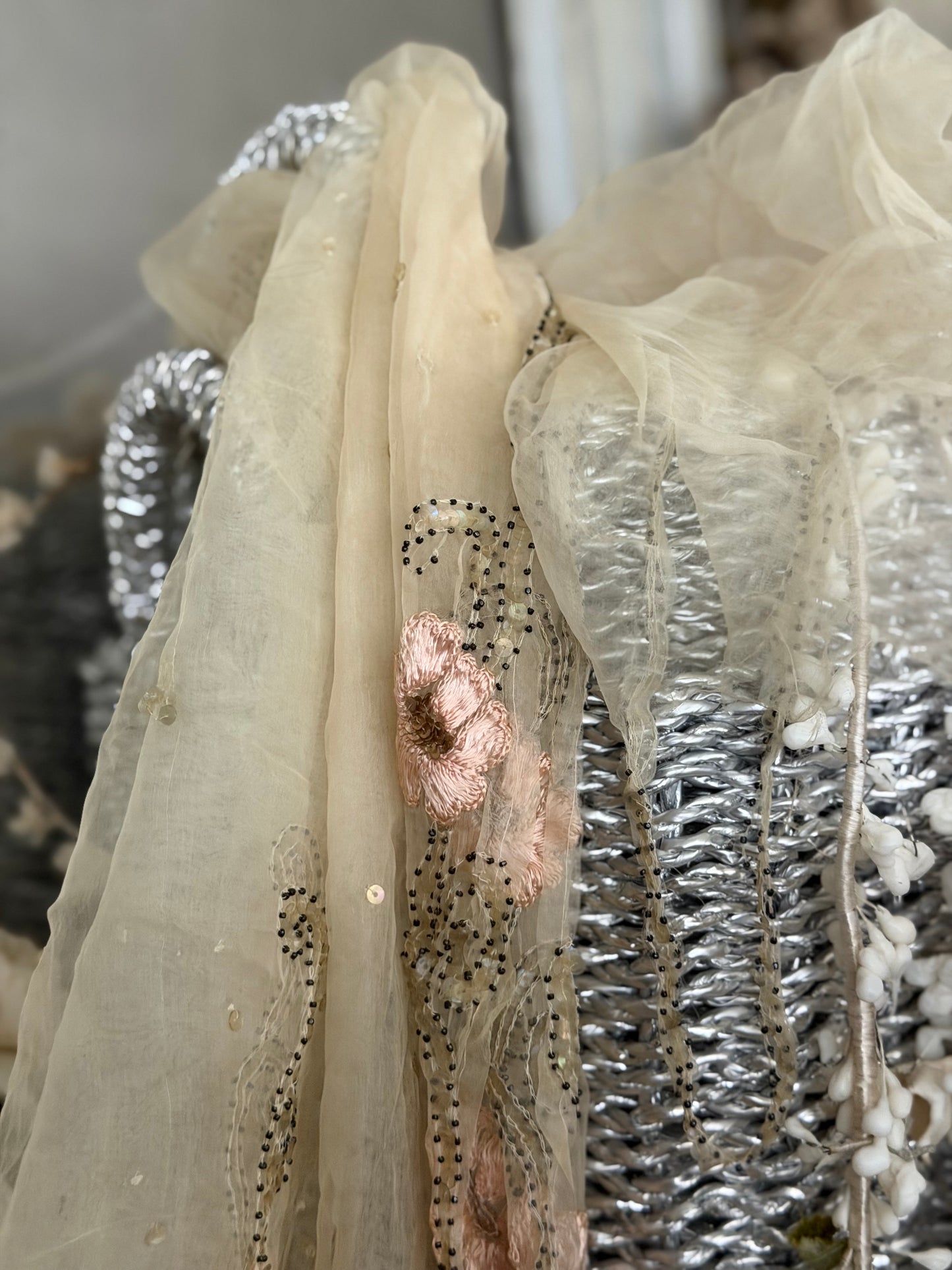 Antique French Silk Shawl Embroidered Roses Spangles Pearls