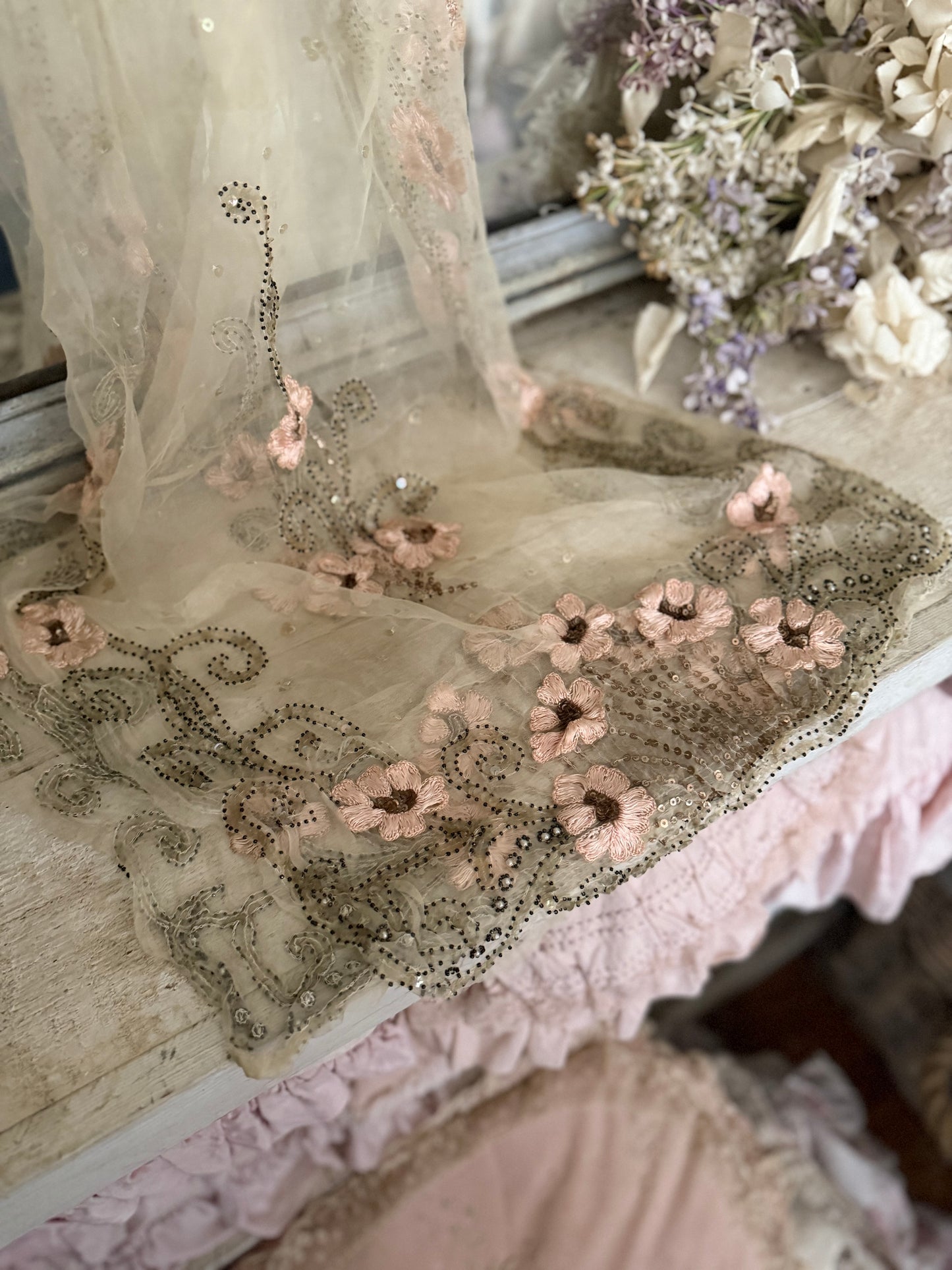 Antique French Silk Shawl Embroidered Roses Spangles Pearls