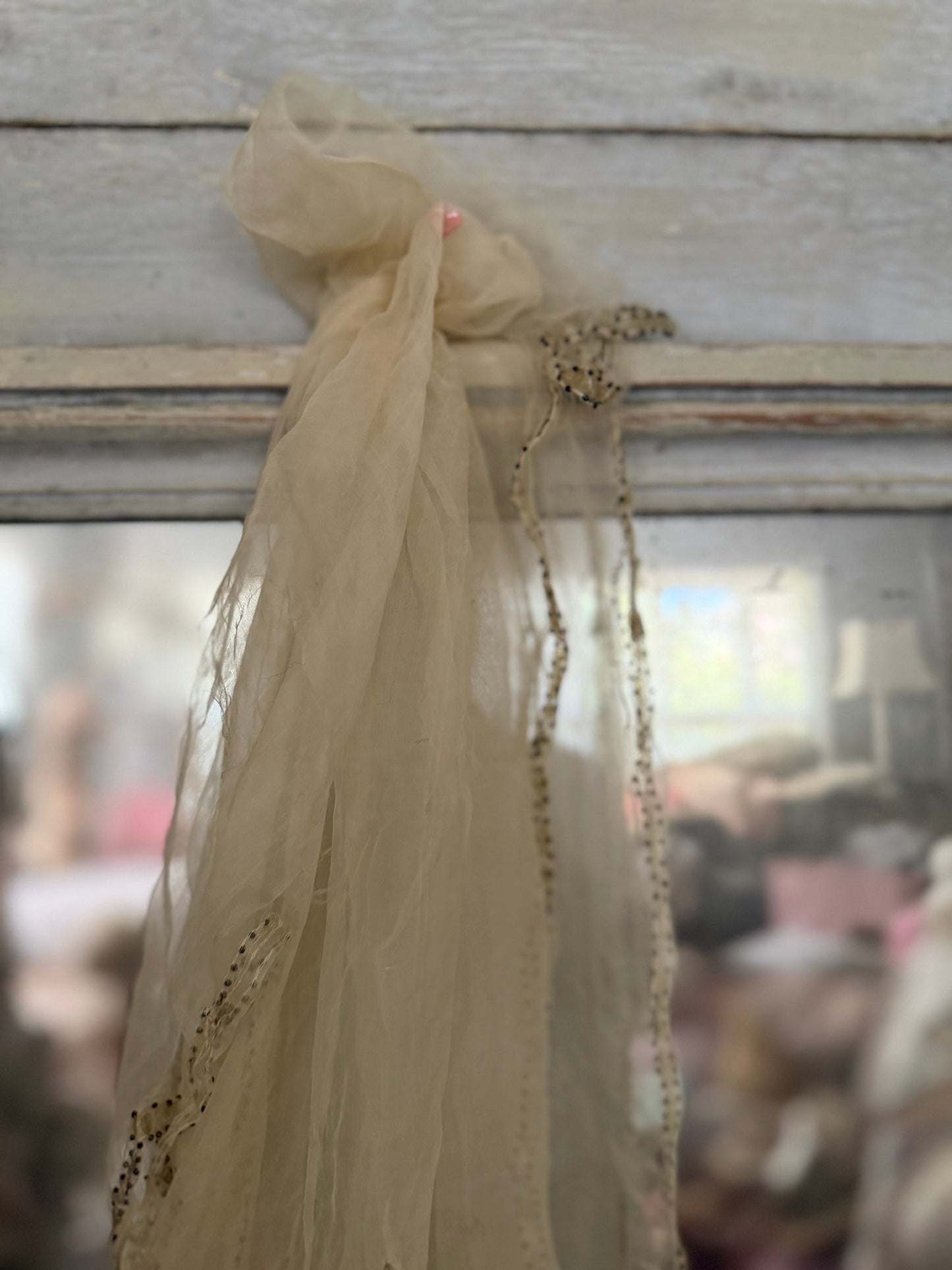 Antique French Silk Shawl Embroidered Roses Spangles Pearls