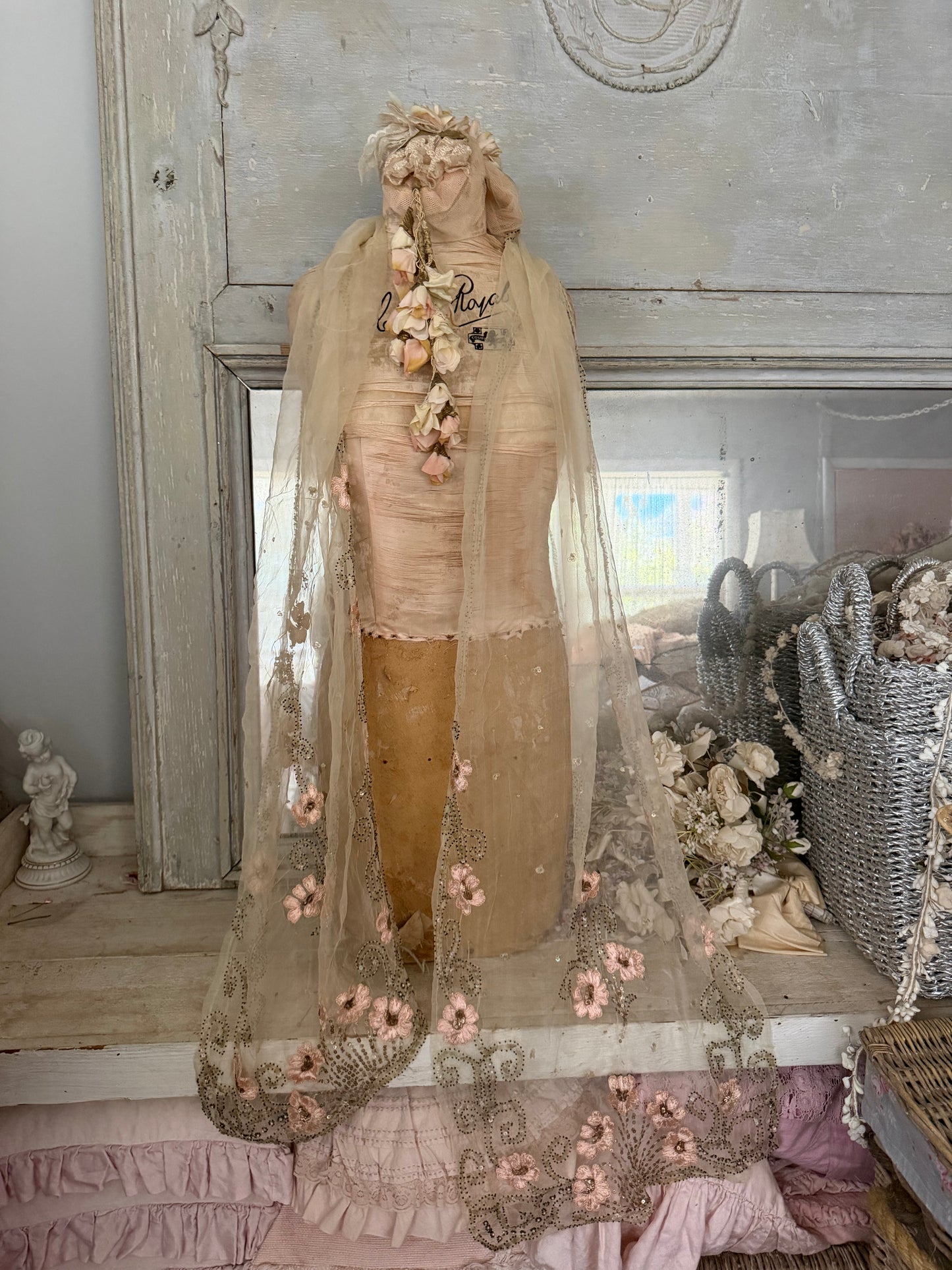 Antique French Silk Shawl Embroidered Roses Spangles Pearls