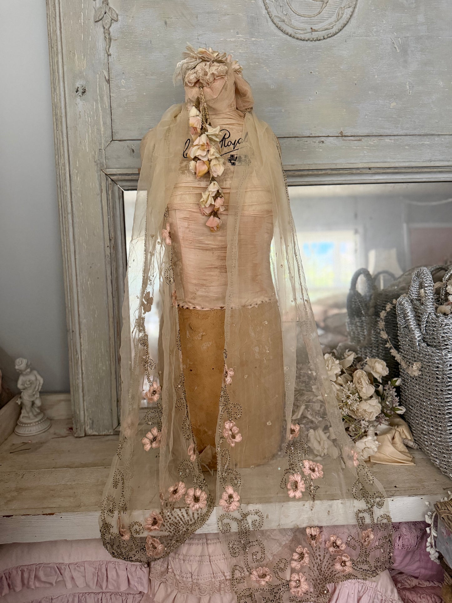 Antique French Silk Shawl Embroidered Roses Spangles Pearls