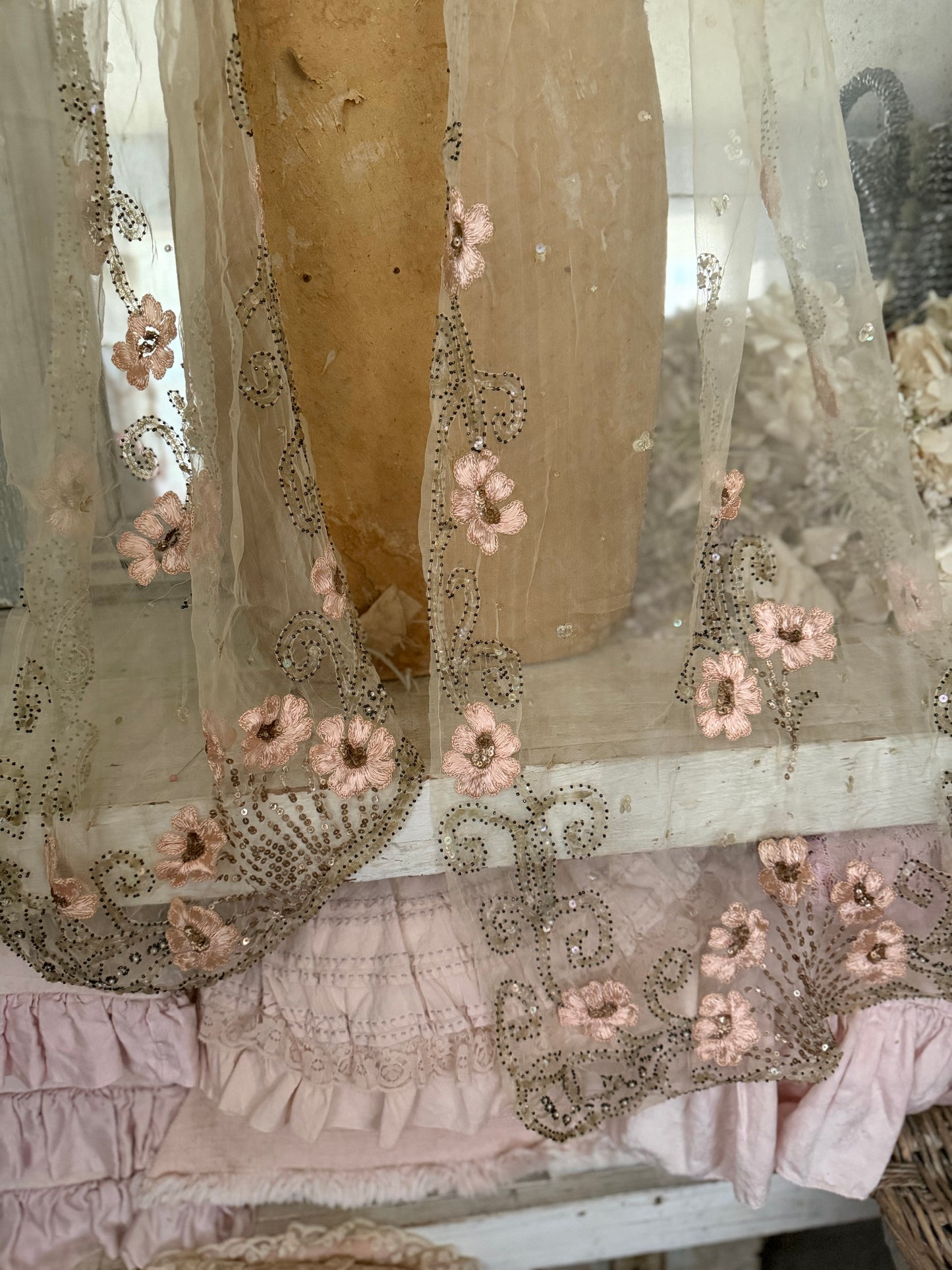 Antique French Silk Shawl Embroidered Roses Spangles Pearls