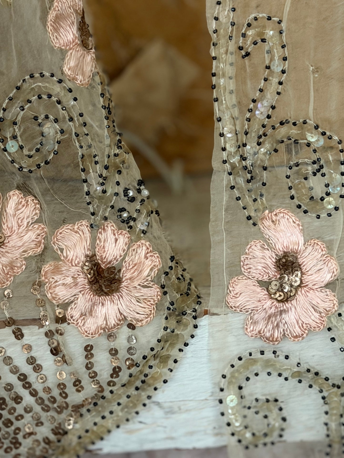 Antique French Silk Shawl Embroidered Roses Spangles Pearls