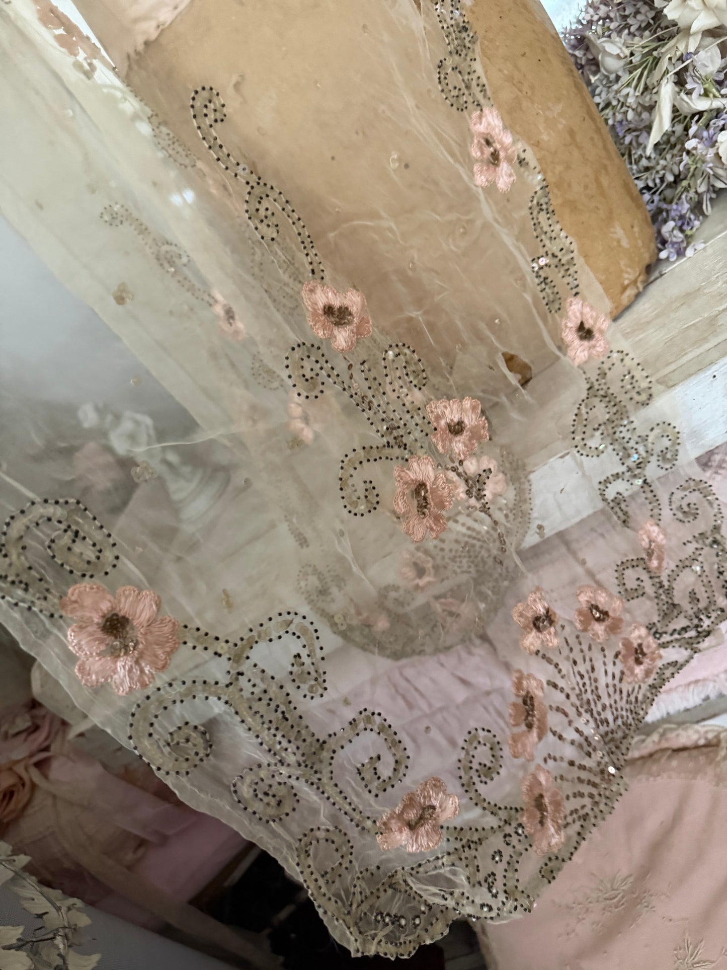 Antique French Silk Shawl Embroidered Roses Spangles Pearls