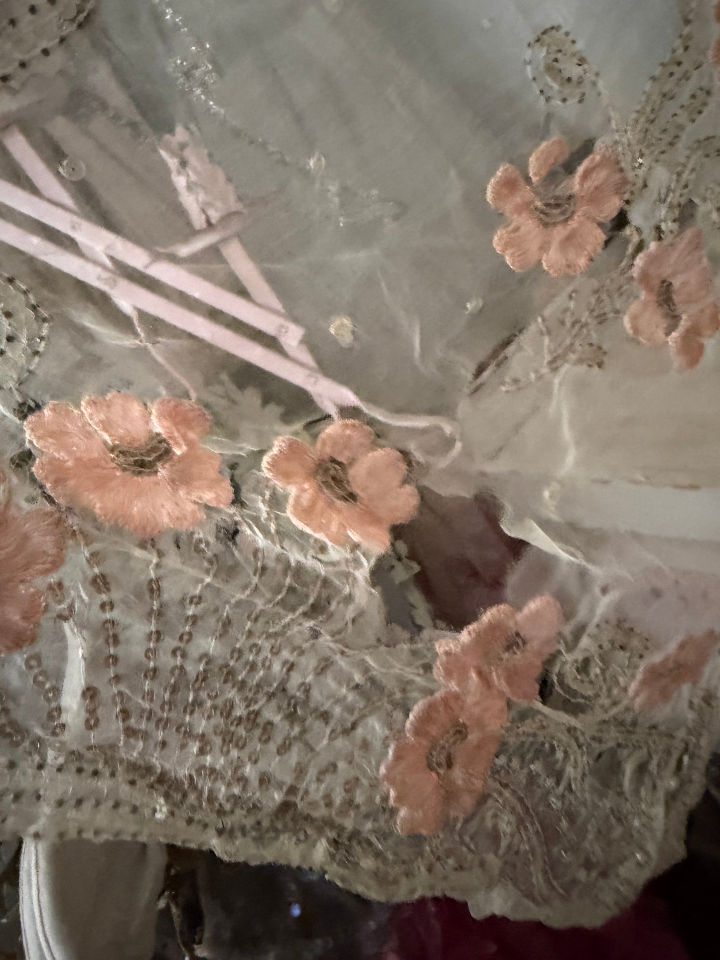 Antique French Silk Shawl Embroidered Roses Spangles Pearls