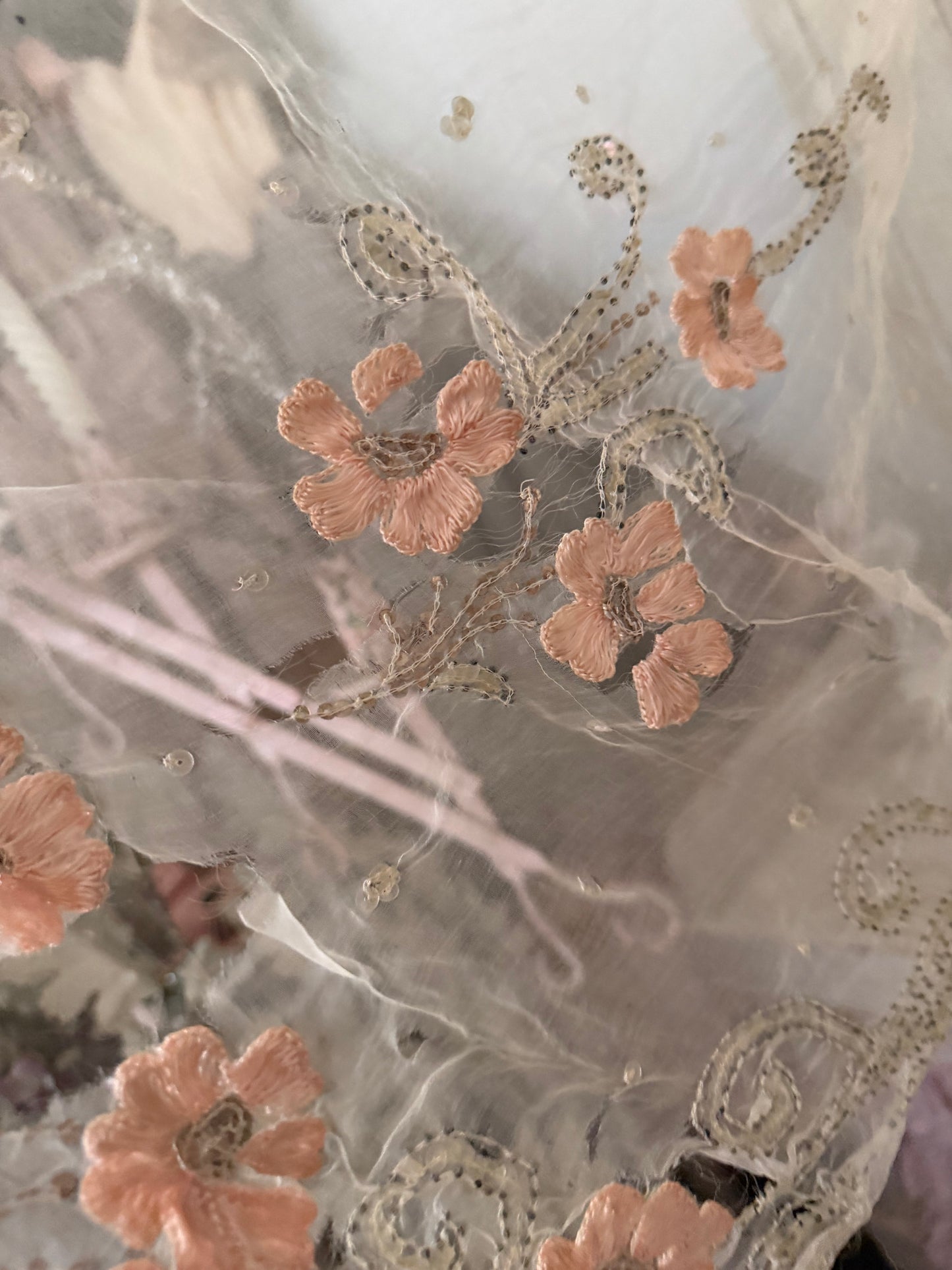 Antique French Silk Shawl Embroidered Roses Spangles Pearls