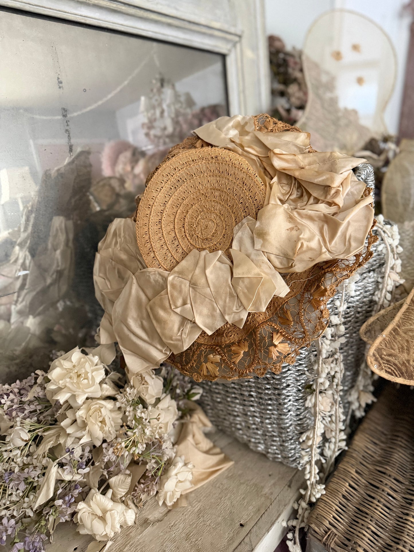 Antique Edwardian Straw Silk Ribbon Hat