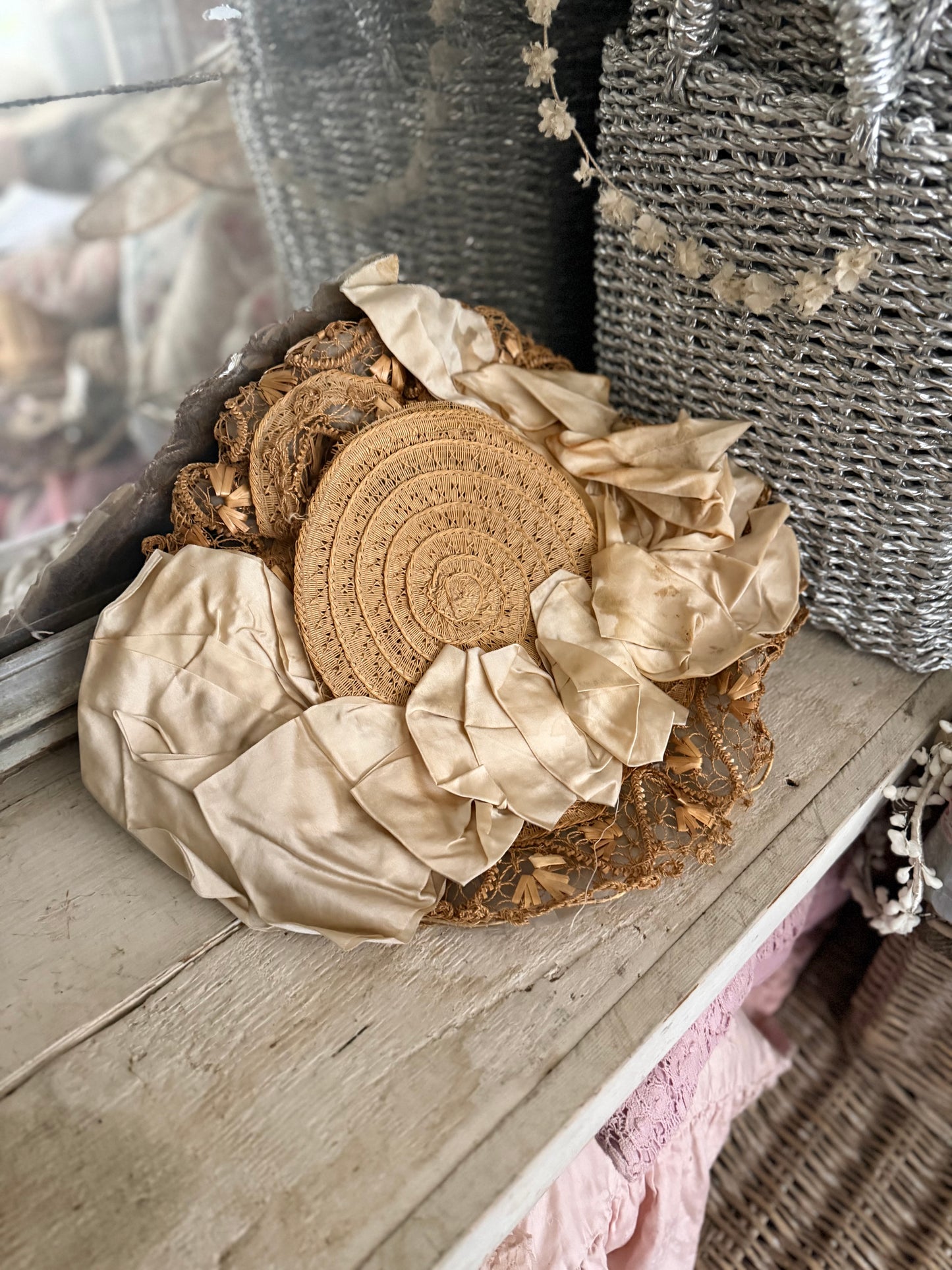 Antique Edwardian Straw Silk Ribbon Hat
