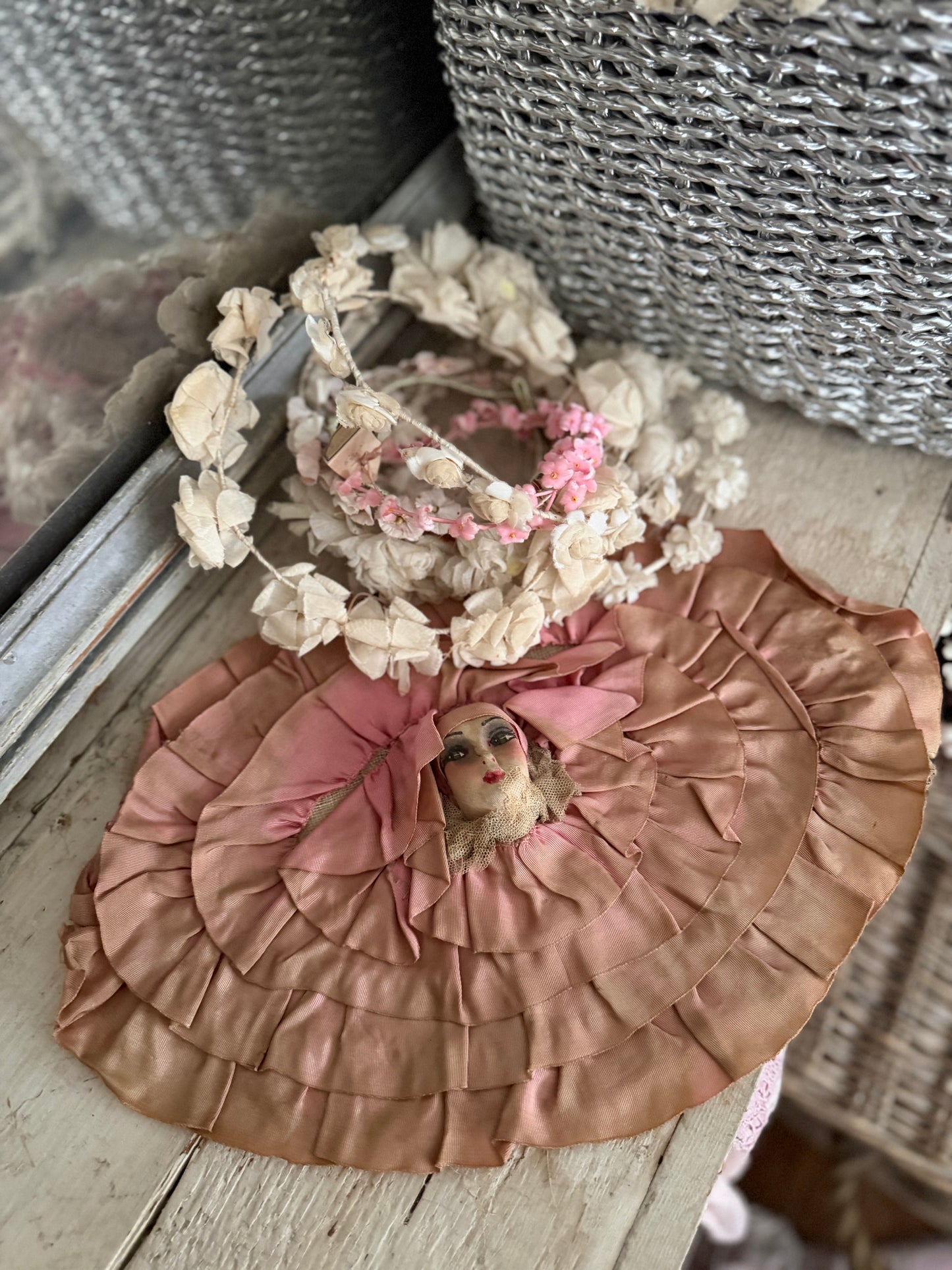 Antique Pink 1920s Pierrot Boudoir Doll Pillow Top