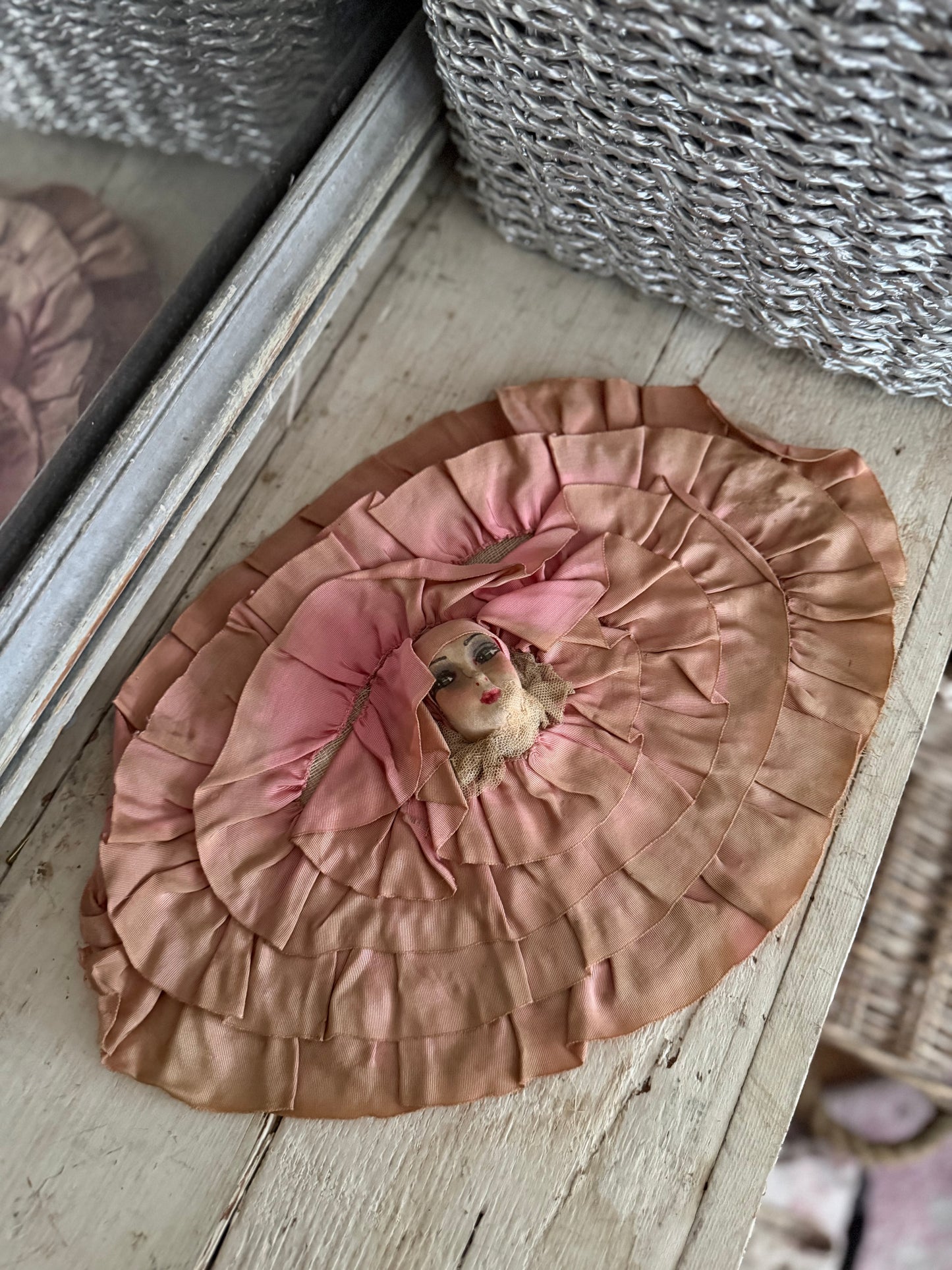 Antique Pink 1920s Pierrot Boudoir Doll Pillow Top