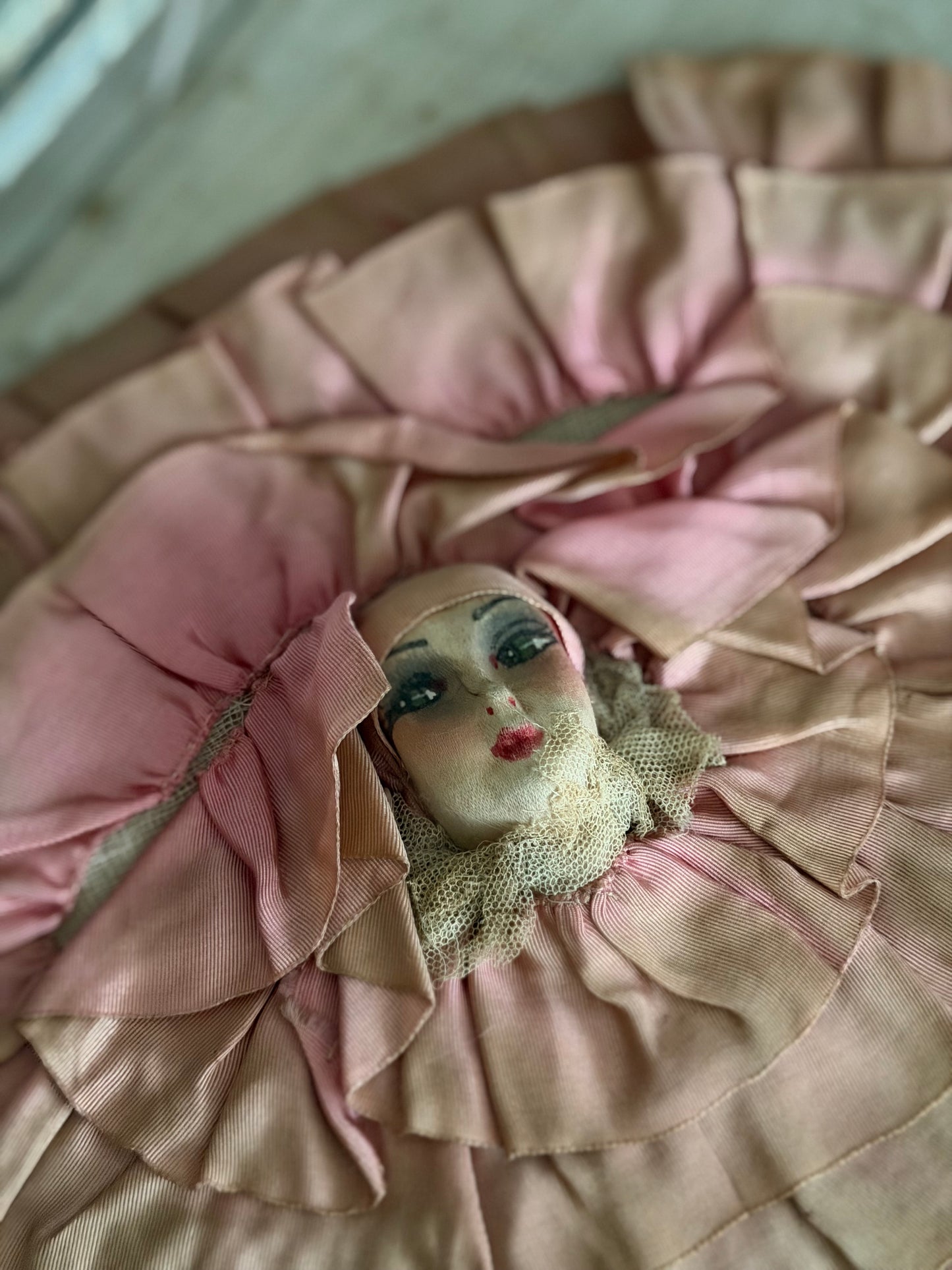 Antique Pink 1920s Pierrot Boudoir Doll Pillow Top