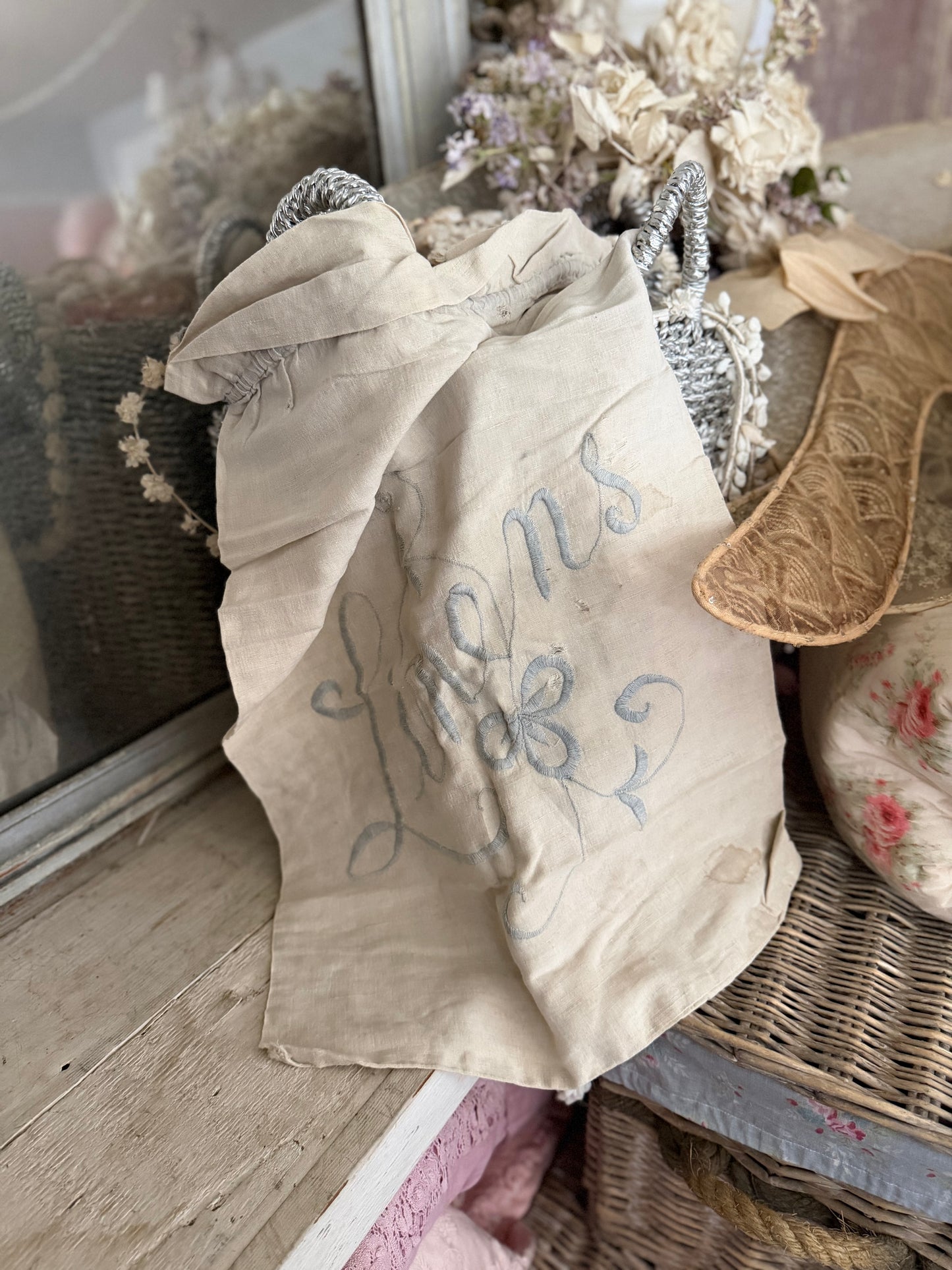 Antique Linens Drawstring Bag