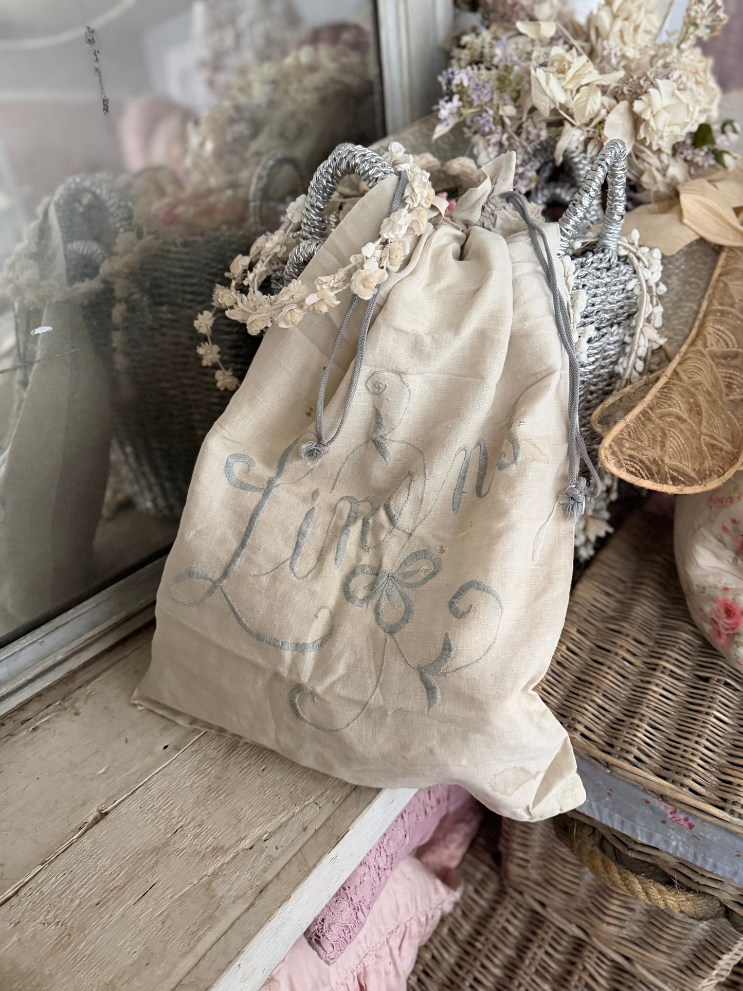 Antique Linens Drawstring Bag