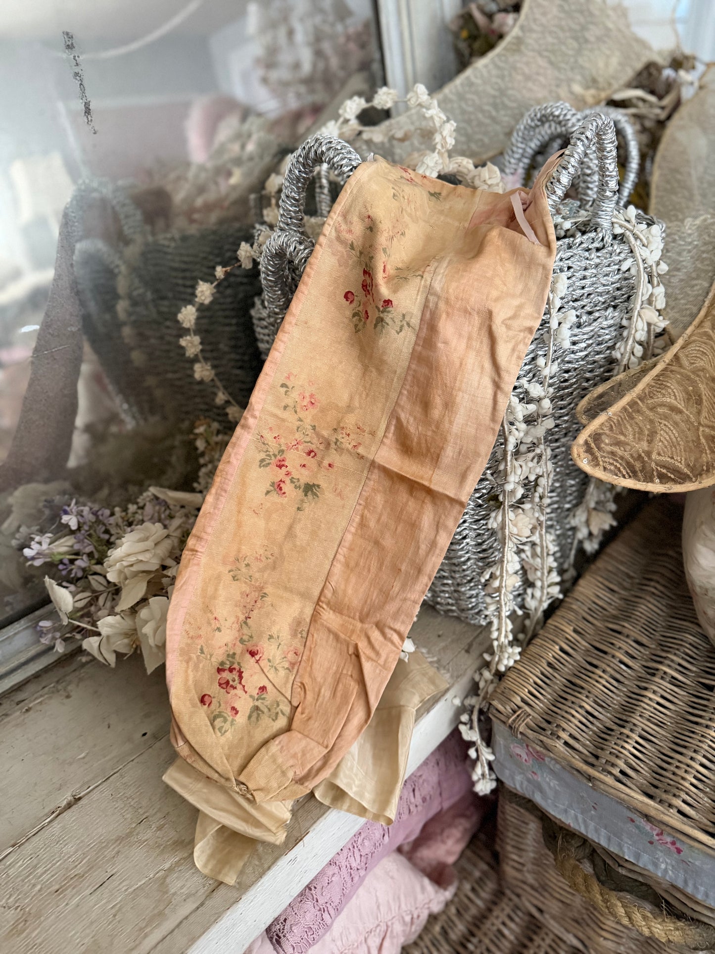 Antique French Fabric Pink Roses Bag