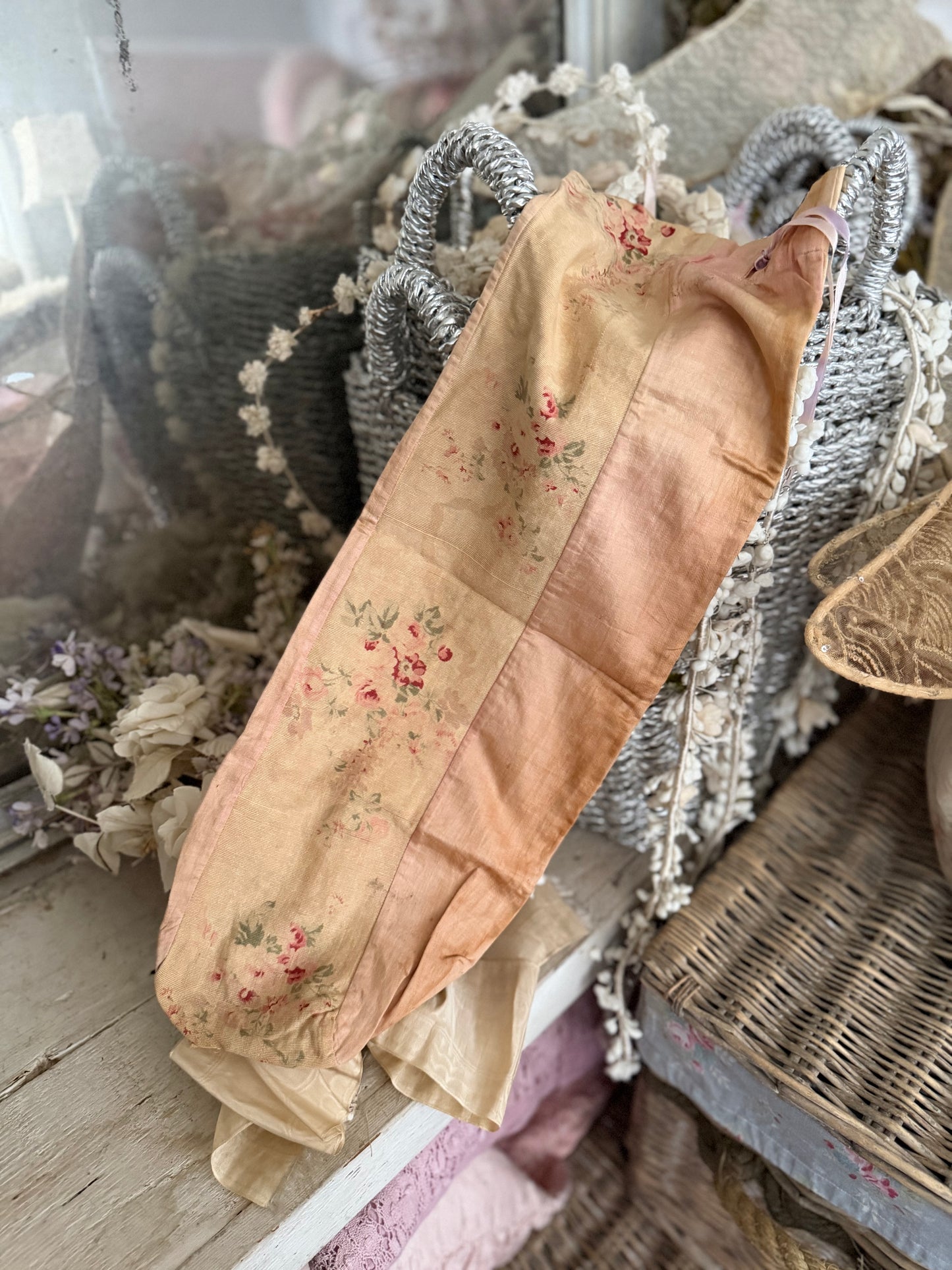 Antique French Fabric Pink Roses Bag