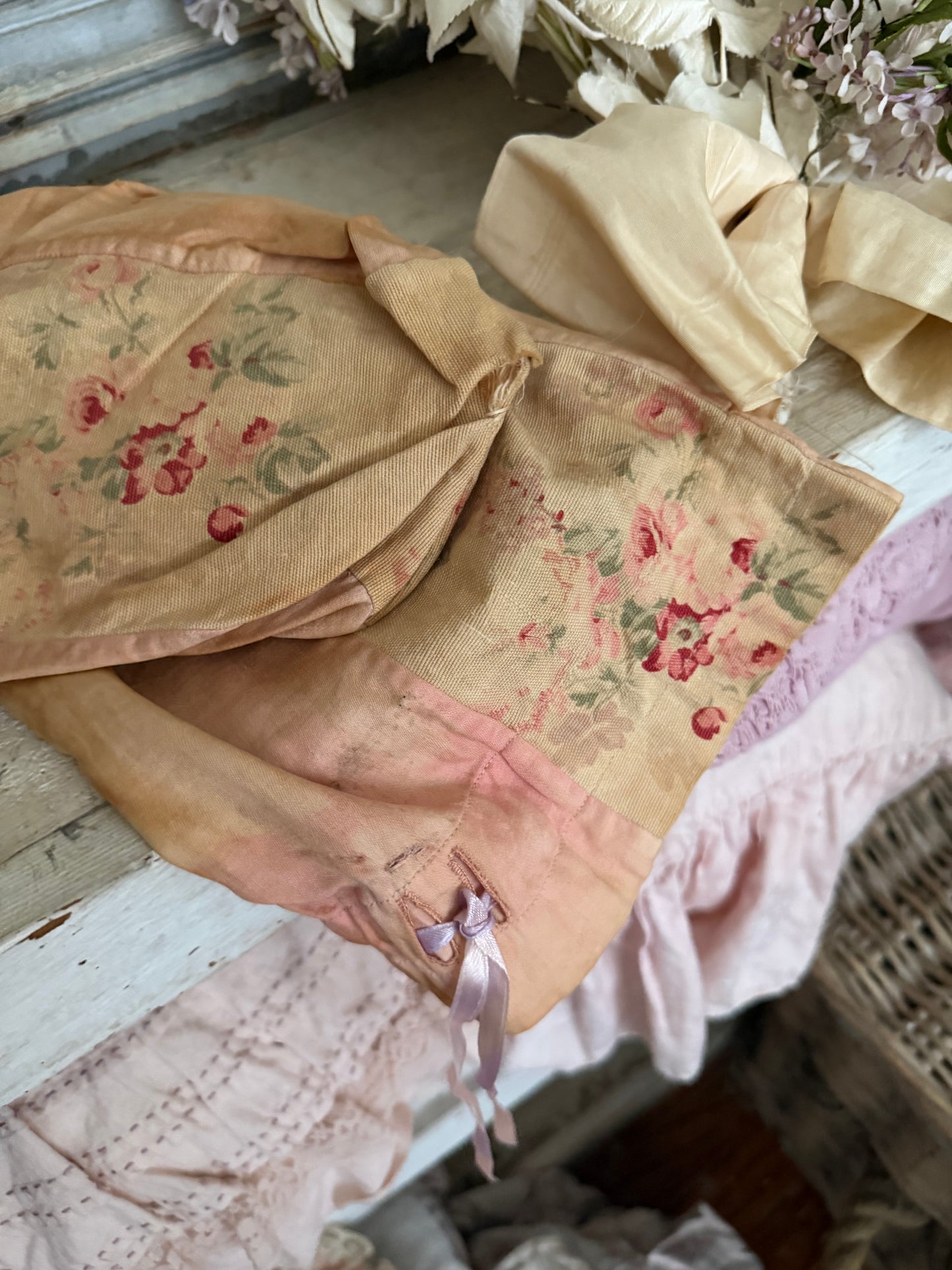 Antique French Fabric Pink Roses Bag