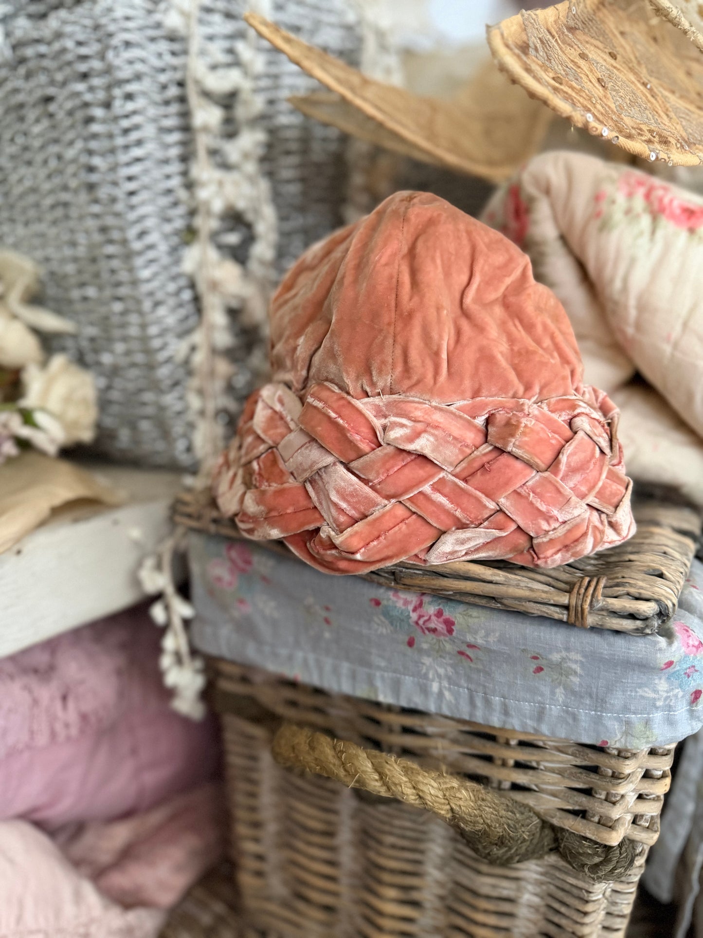Vintage Pink Velvet Braided Cloche Hat