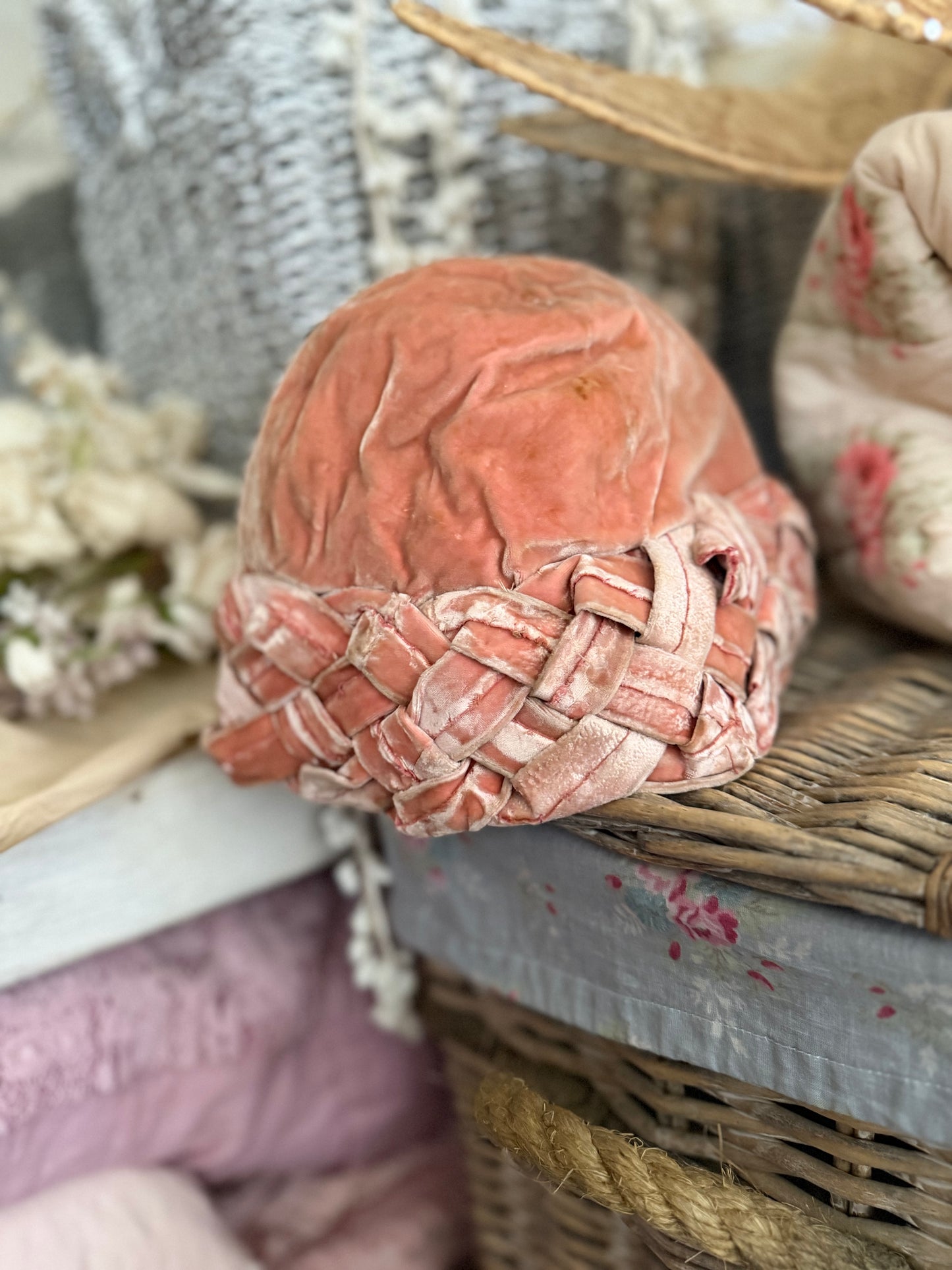 Vintage Pink Velvet Braided Cloche Hat