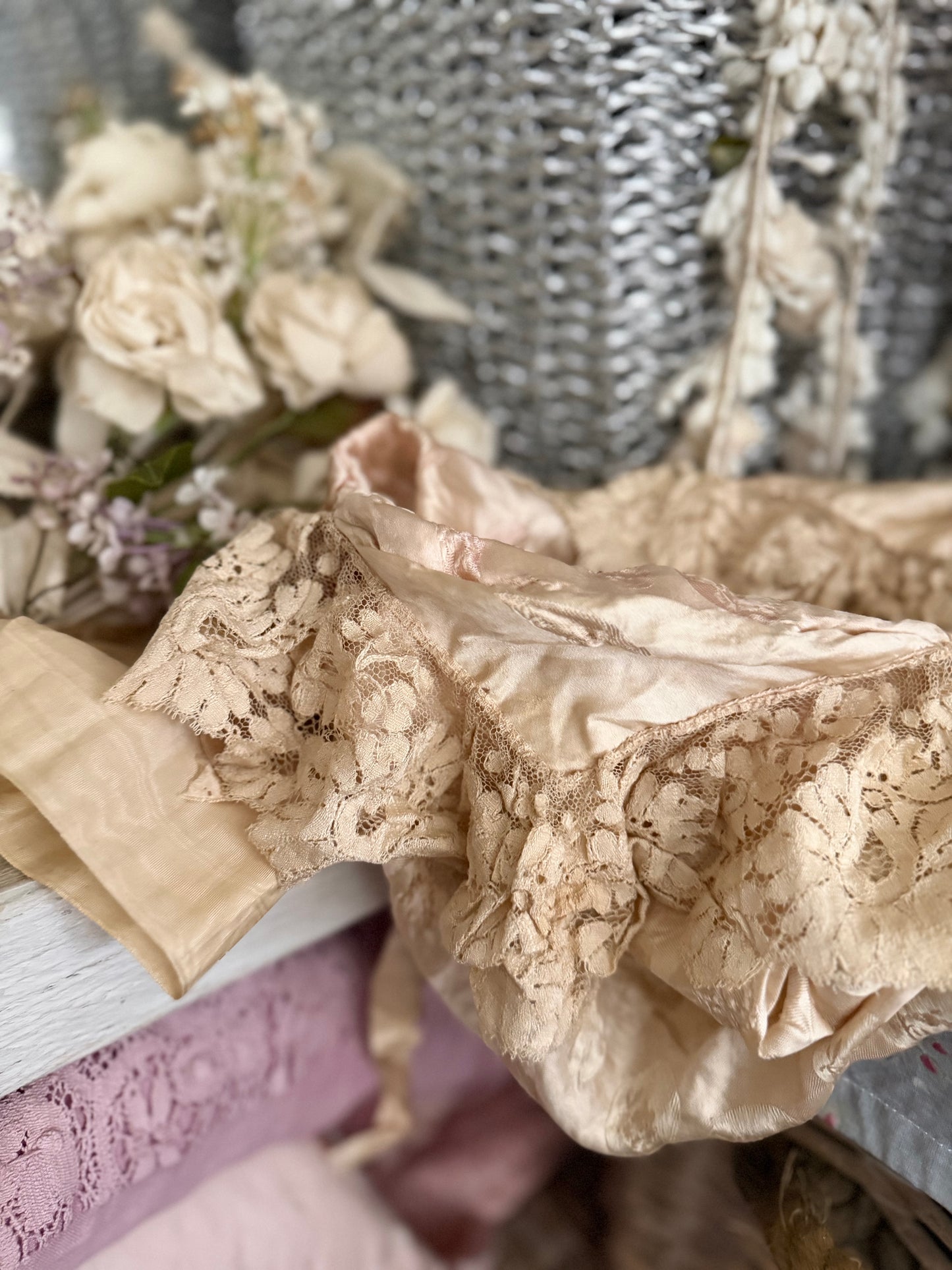 Antique Pink Silk Lace Ribbon Boudoir Bag
