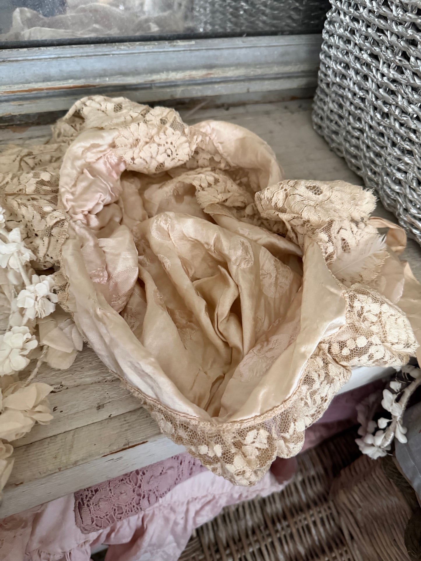 Antique Pink Silk Lace Ribbon Boudoir Bag