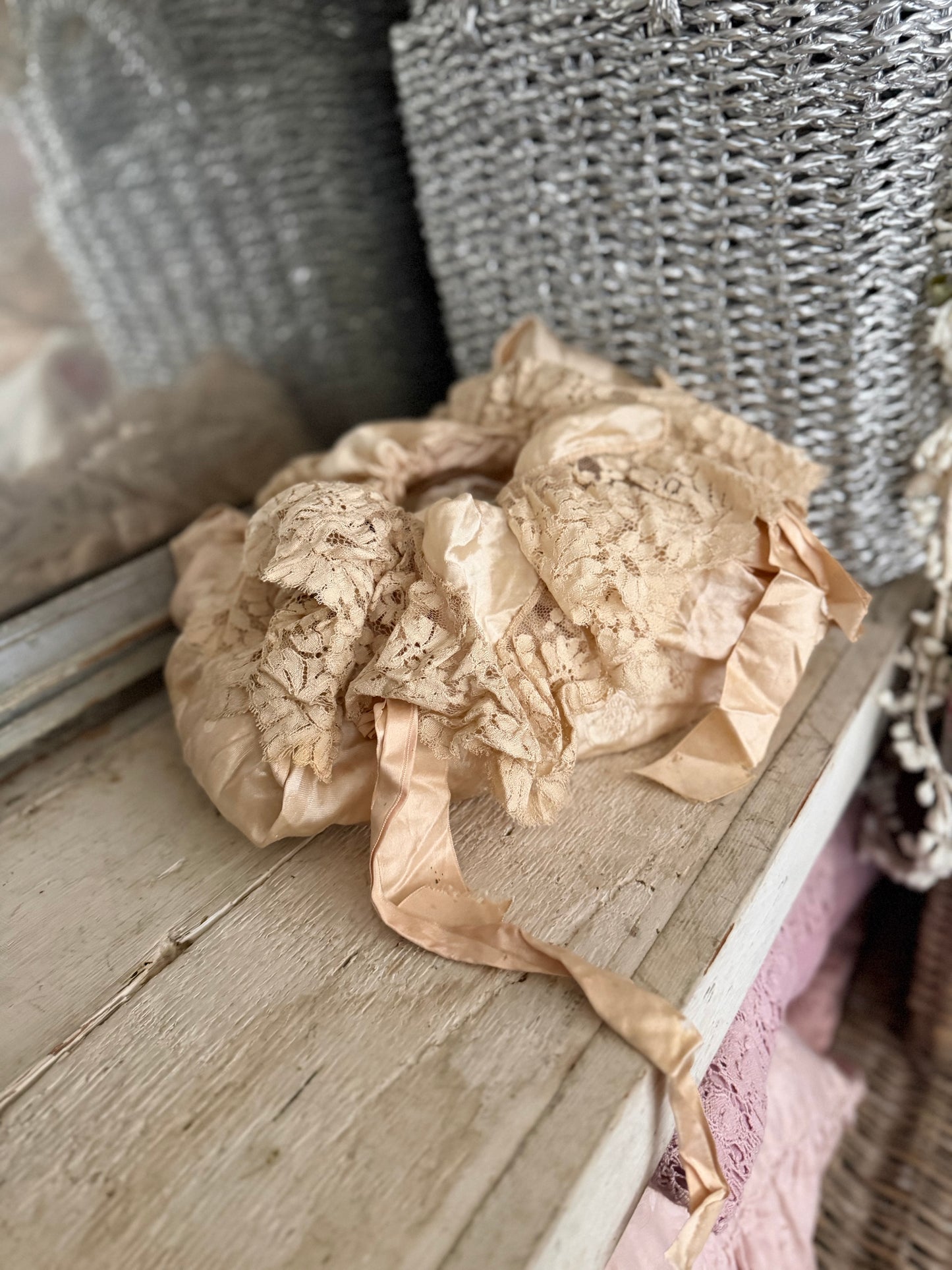 Antique Pink Silk Lace Ribbon Boudoir Bag