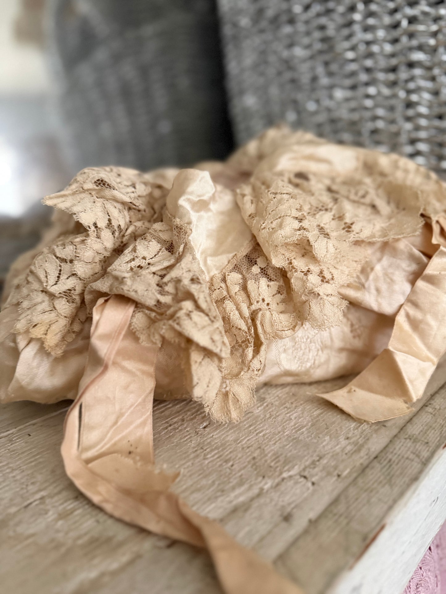 Antique Pink Silk Lace Ribbon Boudoir Bag