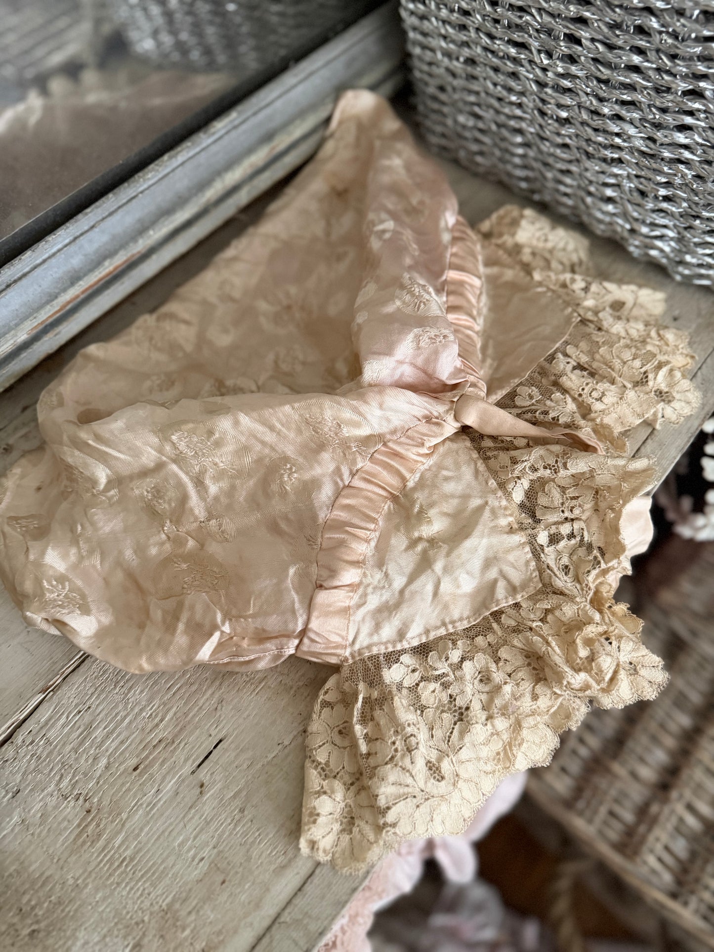 Antique Pink Silk Lace Ribbon Boudoir Bag
