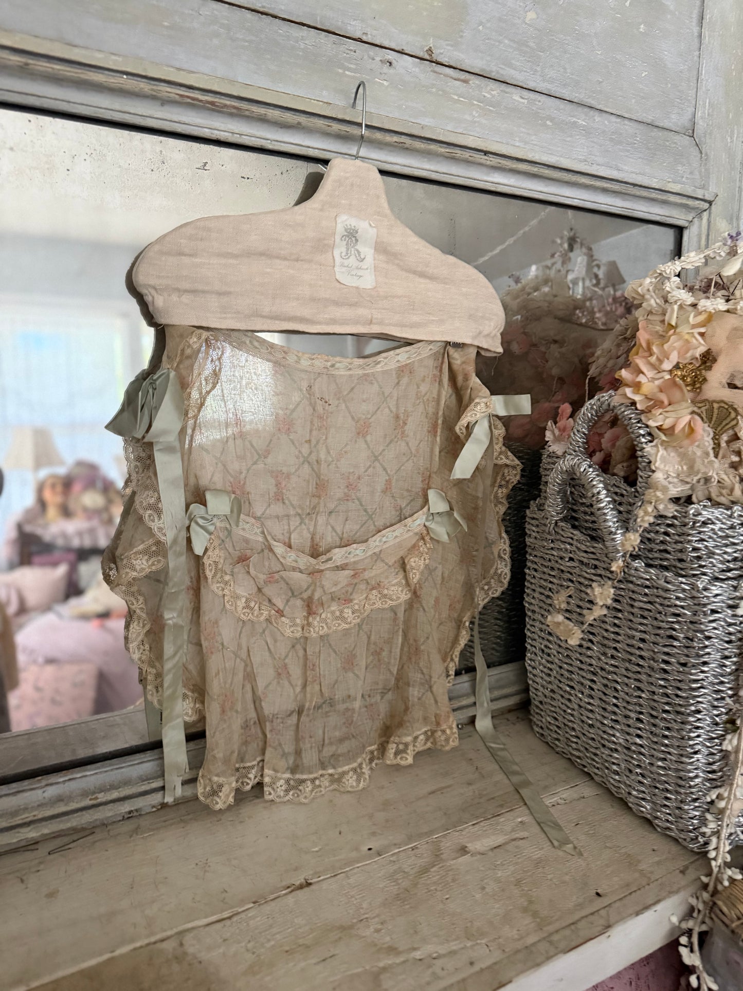Antique Blue Silk Ribbon Rose Lace Apron