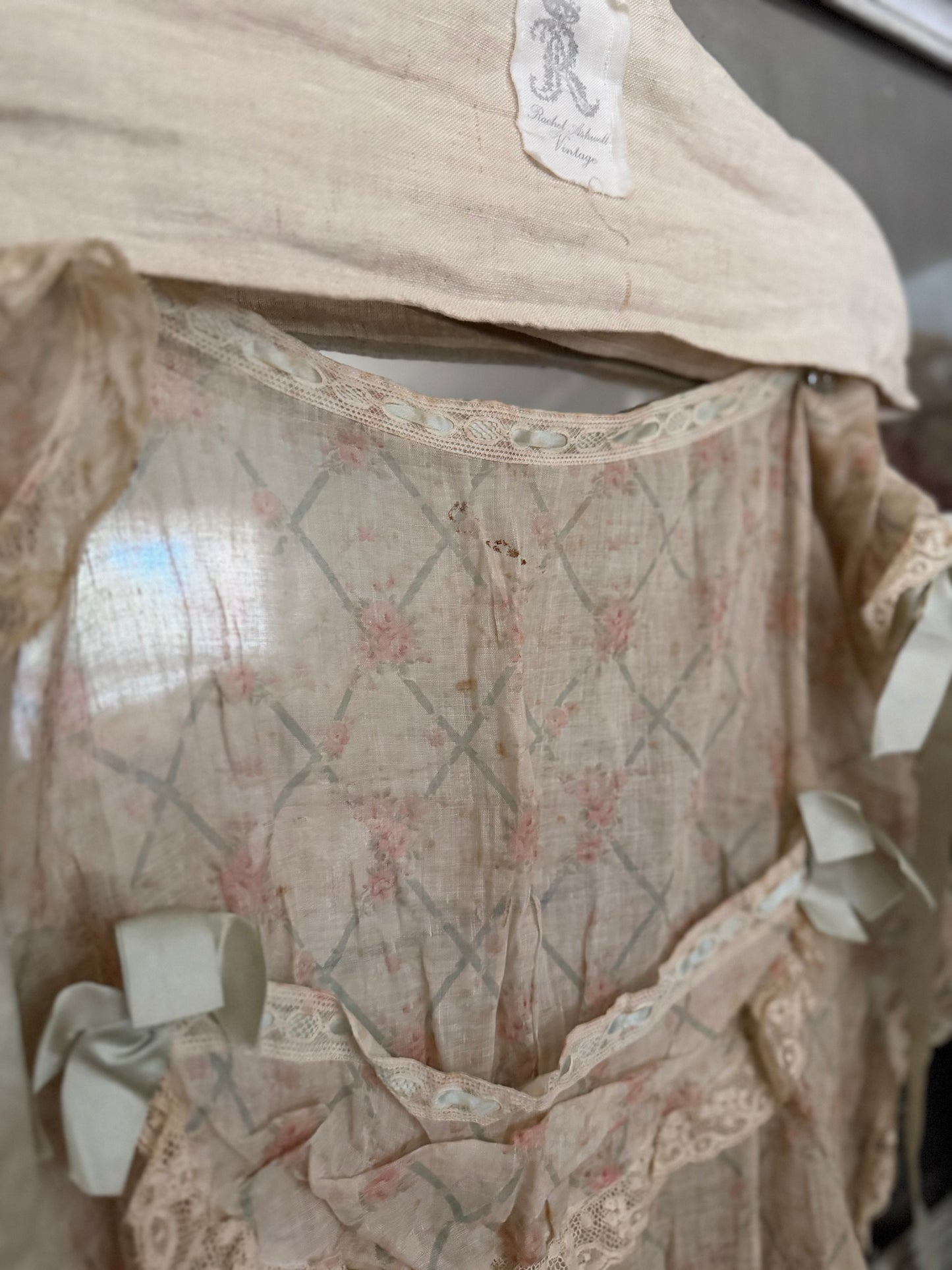 Antique Blue Silk Ribbon Rose Lace Apron