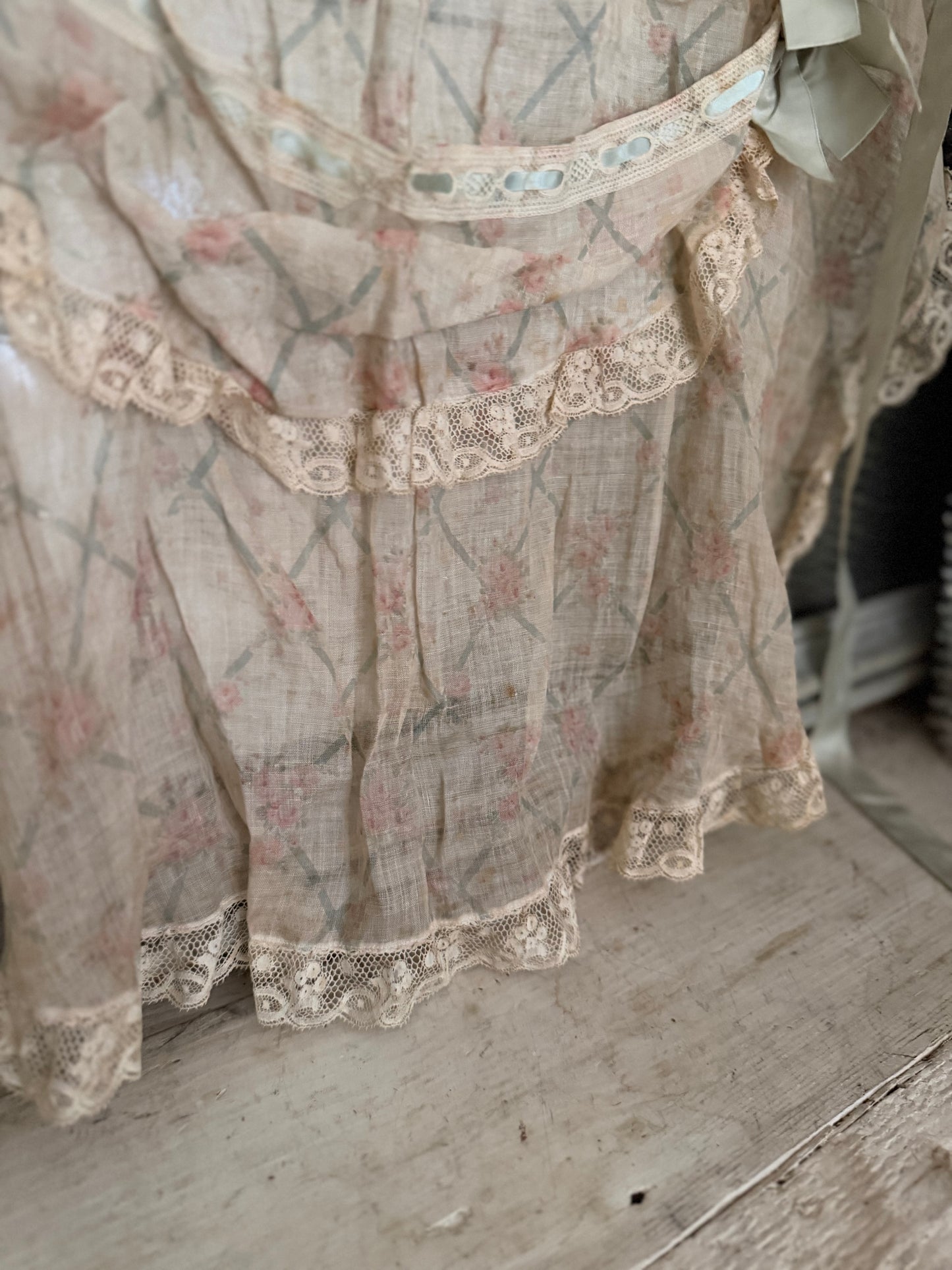 Antique Blue Silk Ribbon Rose Lace Apron