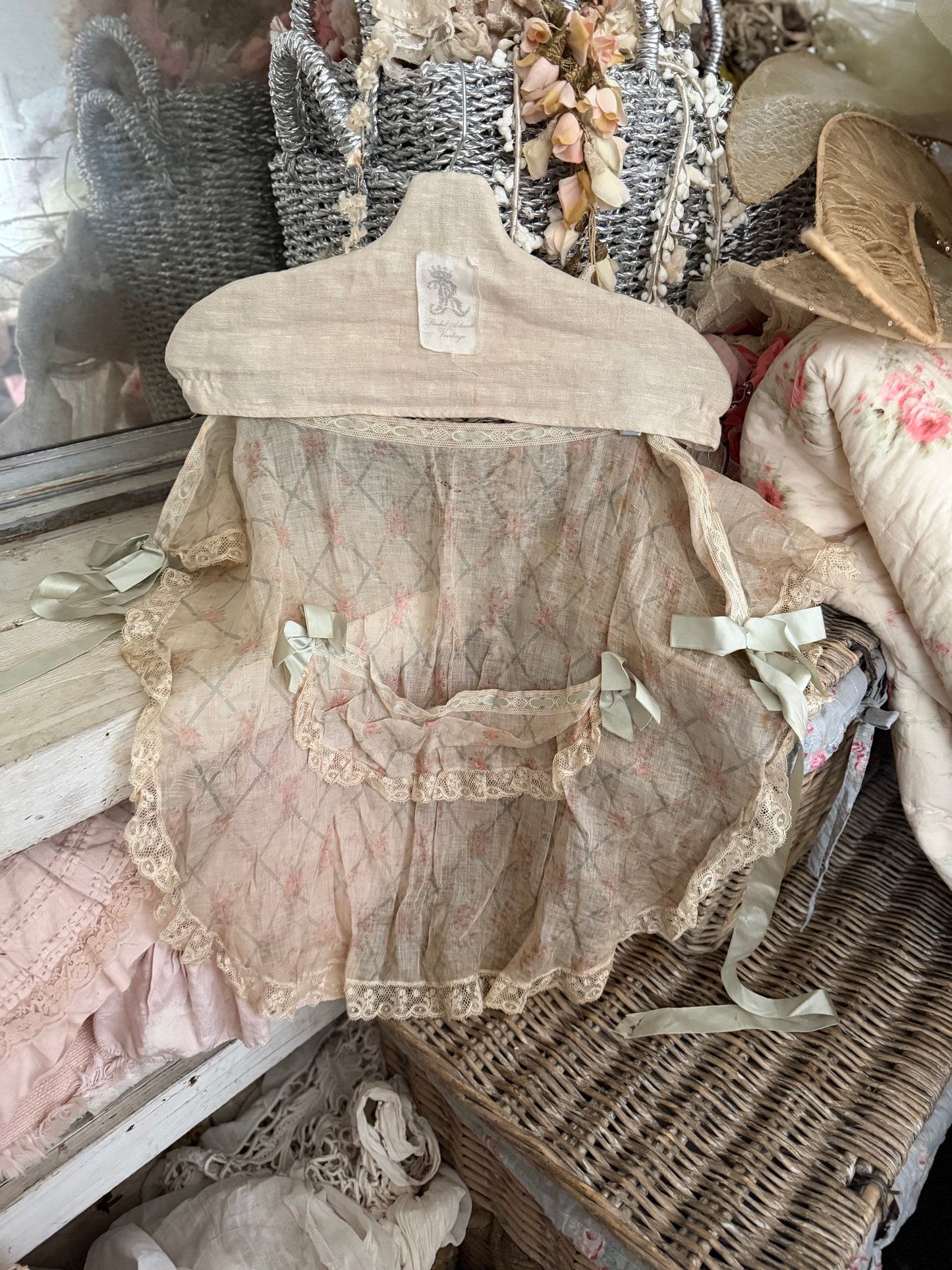 Antique Blue Silk Ribbon Rose Lace Apron