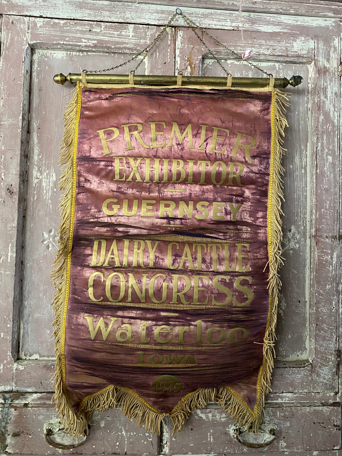 Antique Faded Maroon Dusty Purple Silk Banner 1936