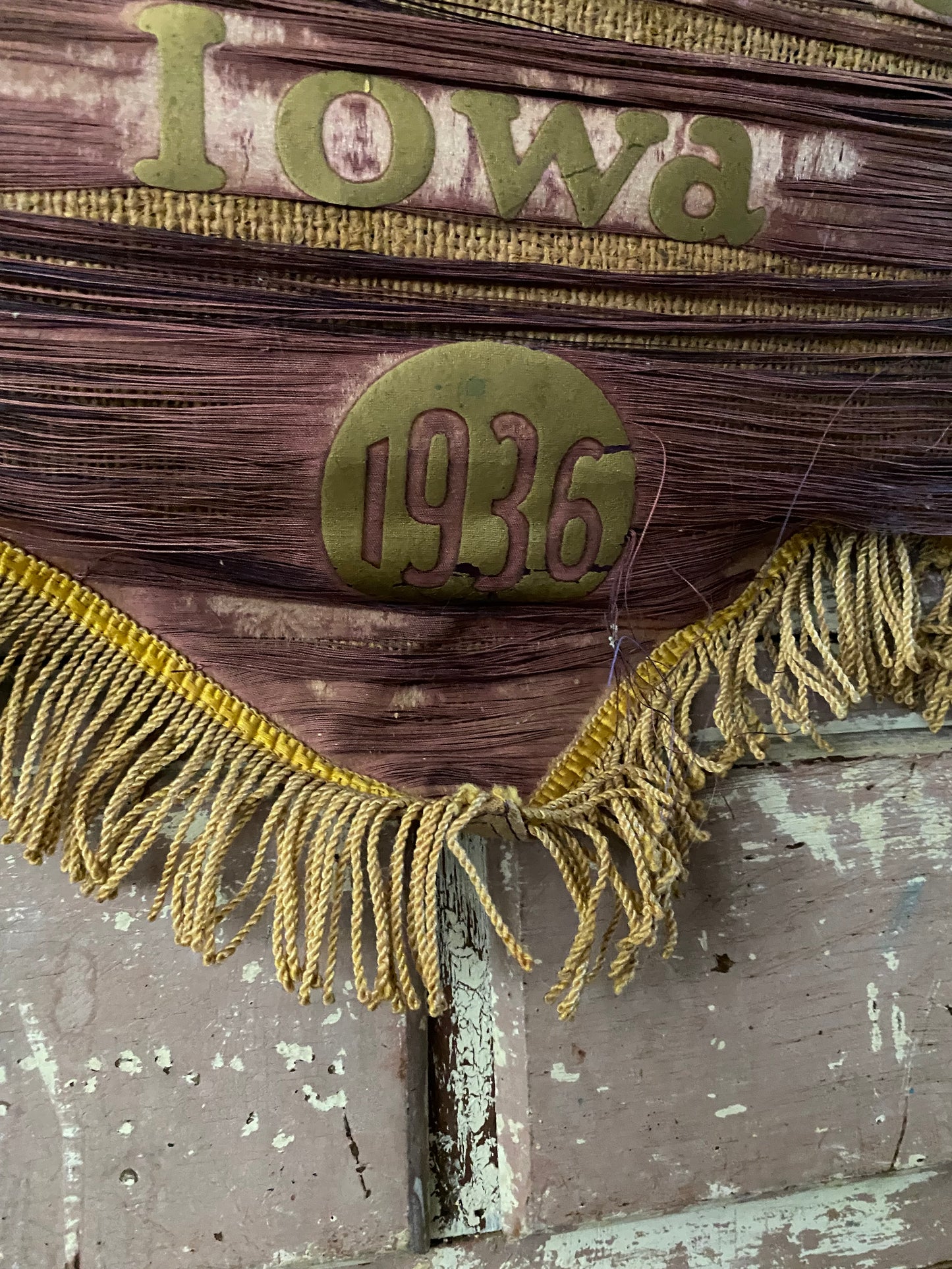 Antique Faded Maroon Dusty Purple Silk Banner 1936